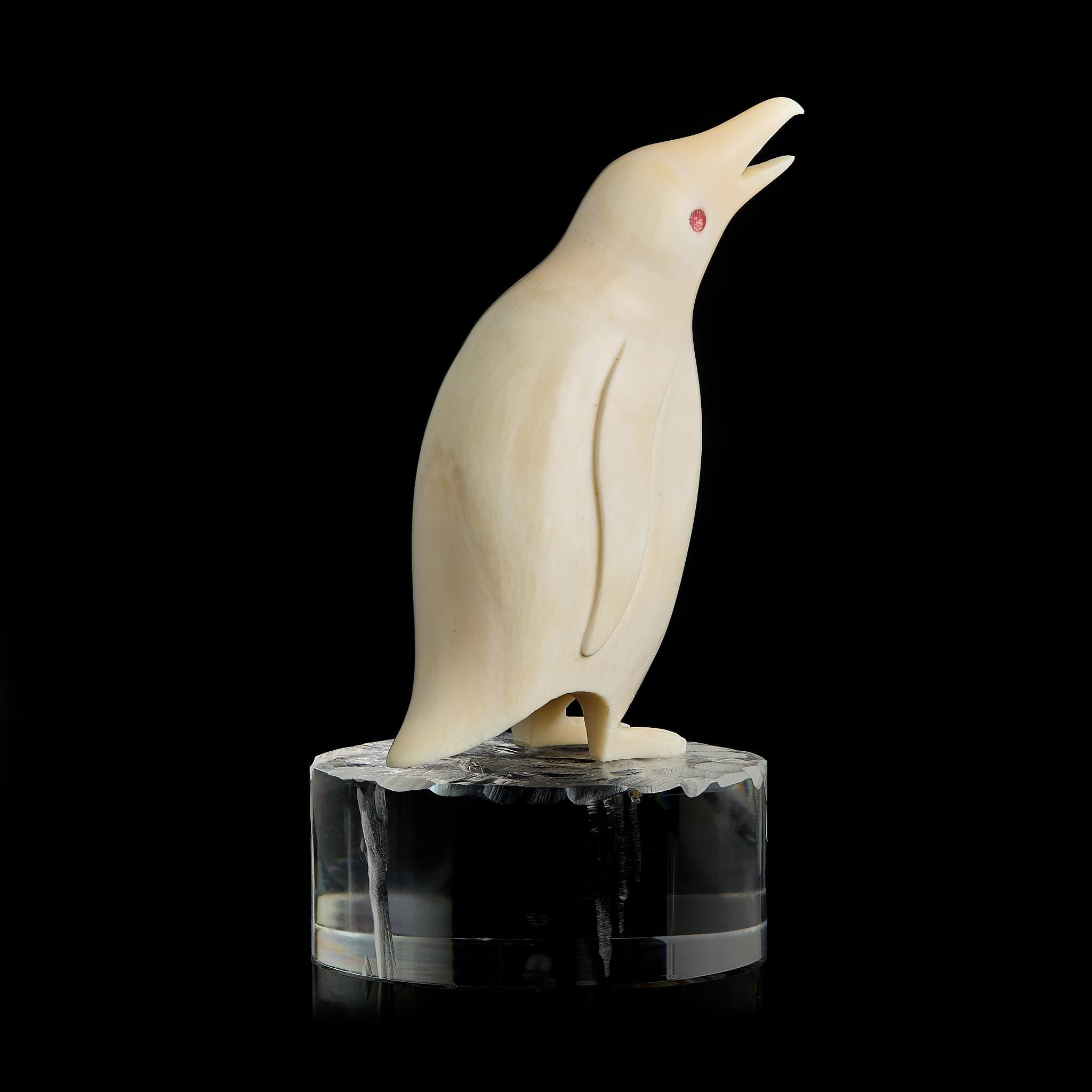 Vintage Inuit Bone Carving: Antarctic Penguin Figurine | Red Eye, Acrylic Pedestal, Early-Mid 20th C.