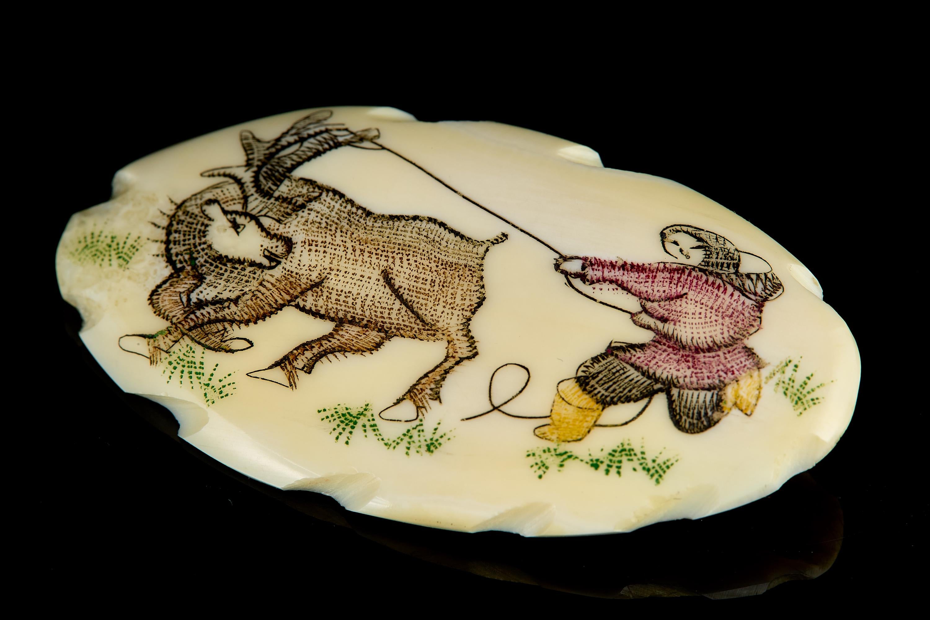 Vintage Inuit Bone Brooch: Engraved Chukchi & Reindeer Scene | Ethnic Jewelry, USSR 1950s–60s