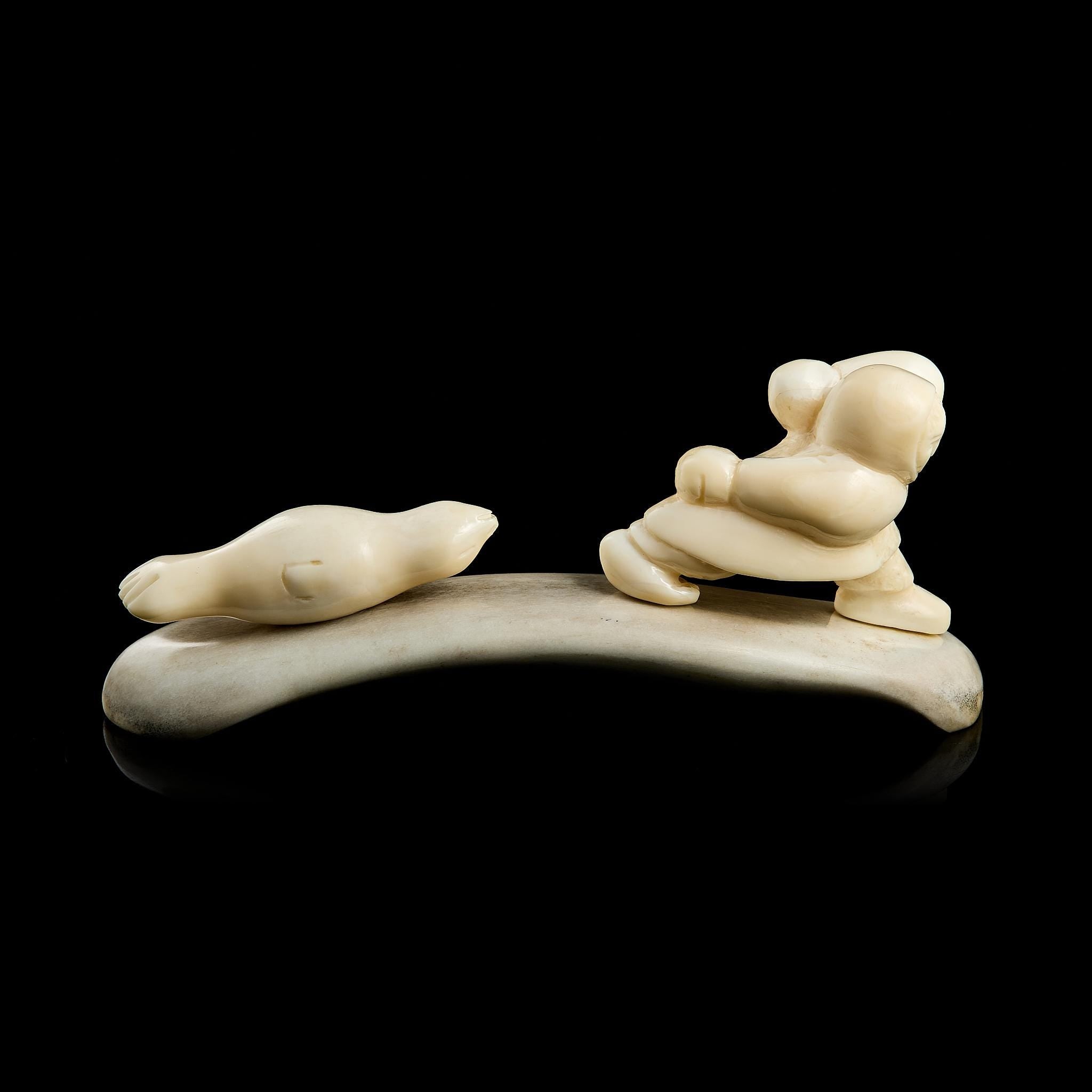 Rare Vintage Inuit Bone Carving: "Chukchi Hunter and Seal" Scene | Yupik Art, Chukotka, 1970s