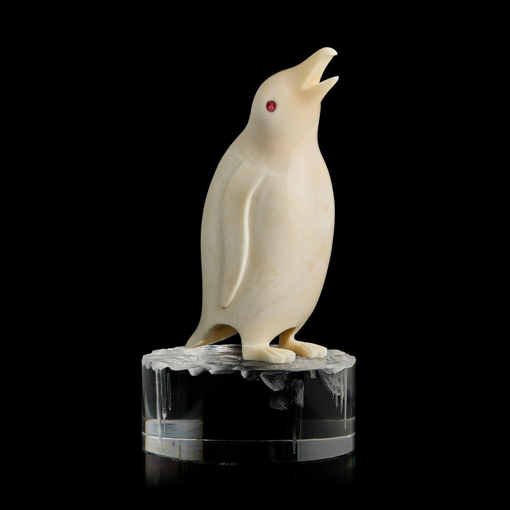 Vintage Inuit Bone Carving: Antarctic Penguin Figurine | Red Eye, Acrylic Pedestal, Early-Mid 20th C.