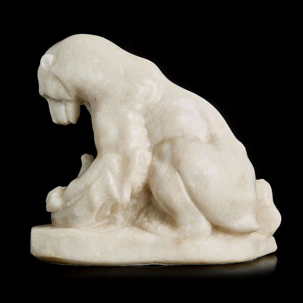 Large Antique White Marble Polar Bear Figurine with Fish | Pre-Revolutionary Russian Stone Carving, Early 20th C.