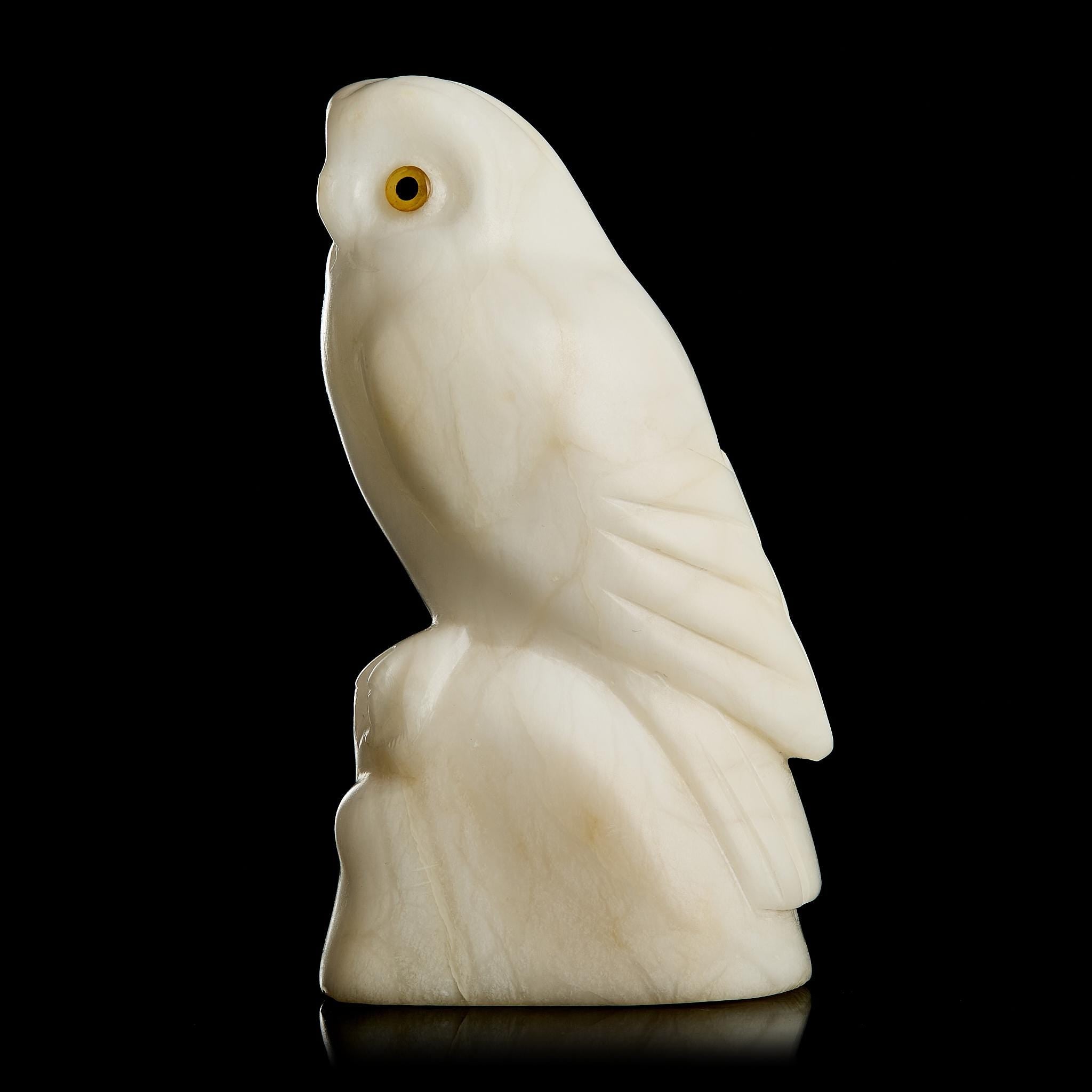 🦉 Antique White Northern Owl Figurine | Carved White Marble & Natural Amber Eyes
