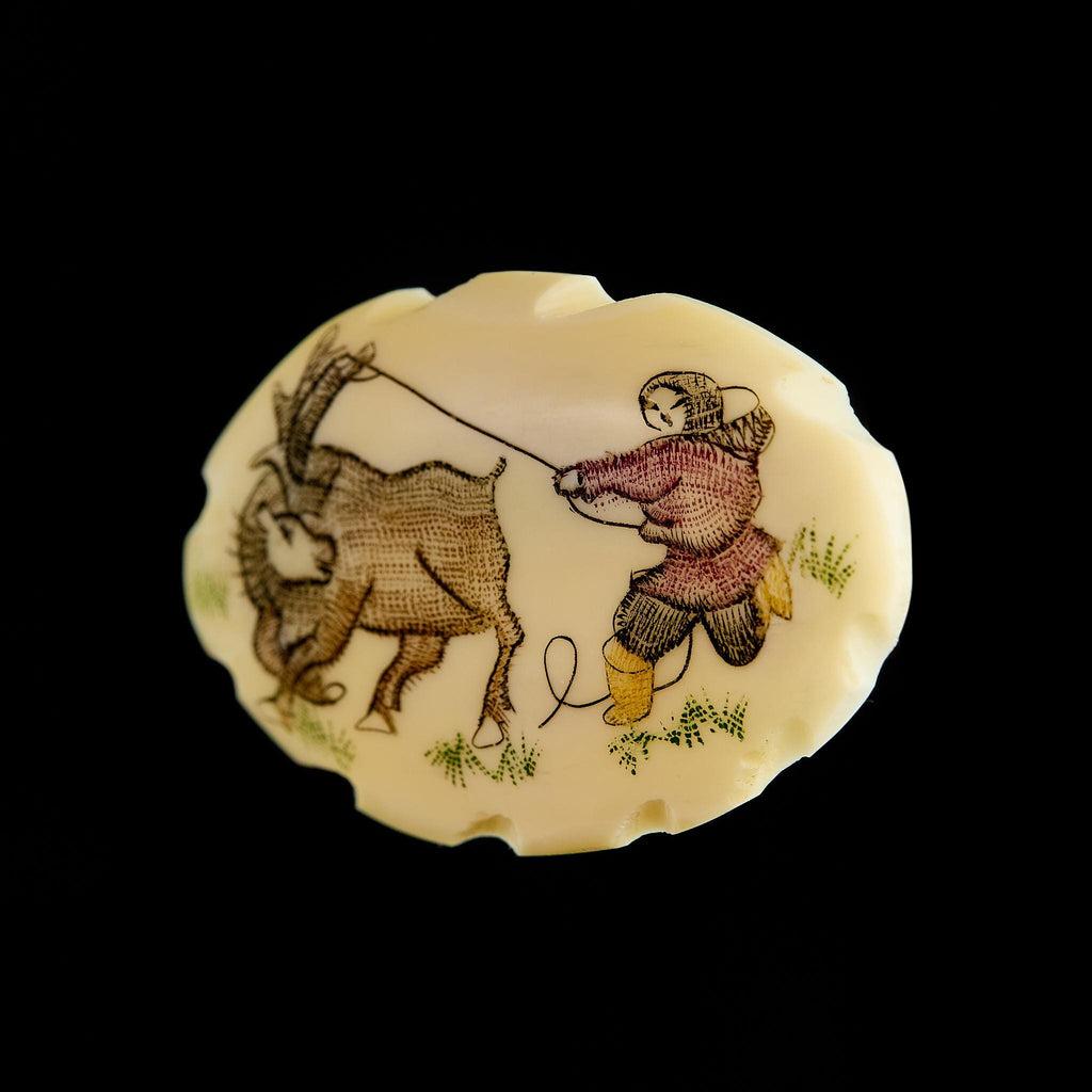 Vintage Inuit Bone Brooch: Engraved Chukchi & Reindeer Scene | Ethnic Jewelry, USSR 1950s–60s