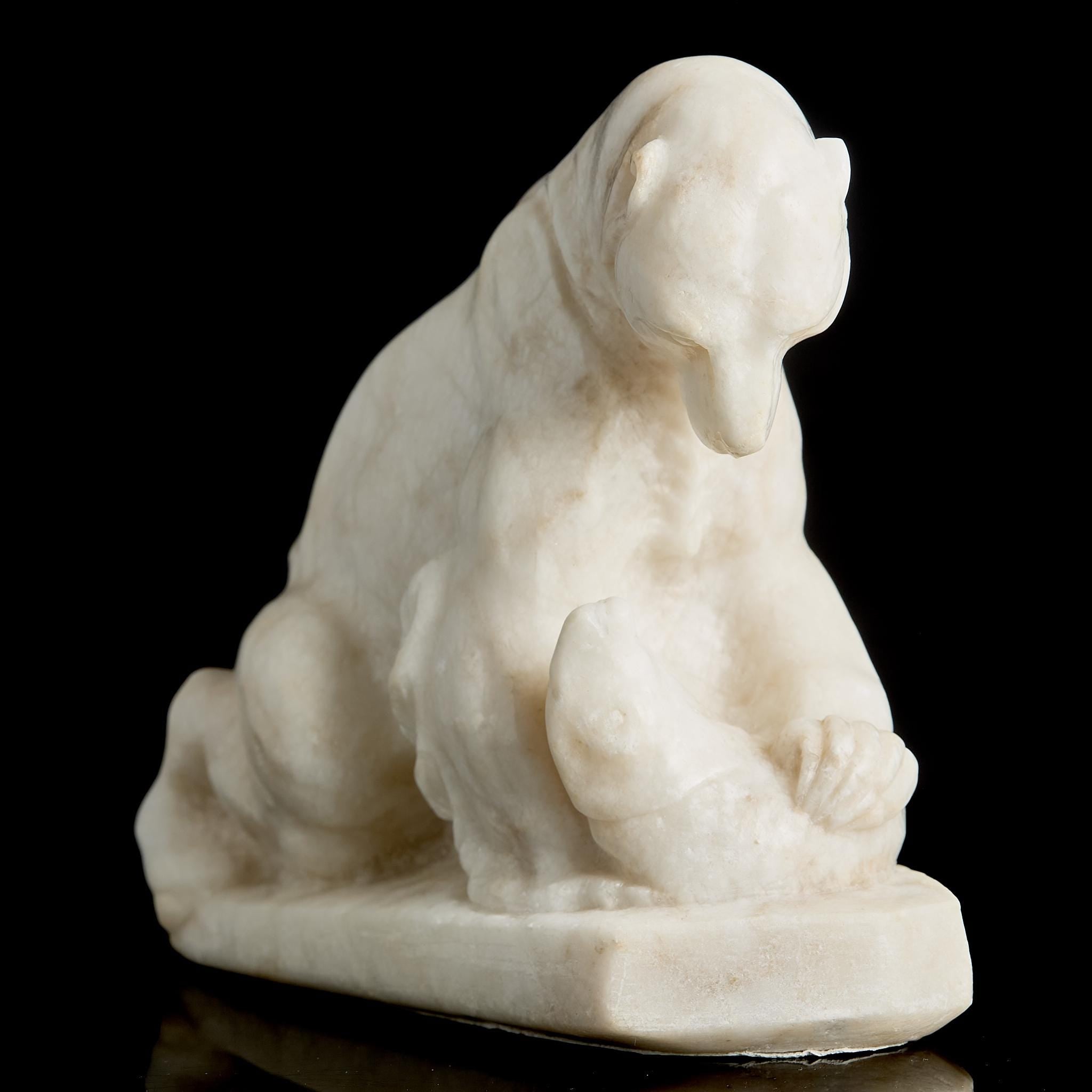 Large Antique White Marble Polar Bear Figurine with Fish | Pre-Revolutionary Russian Stone Carving, Early 20th C.
