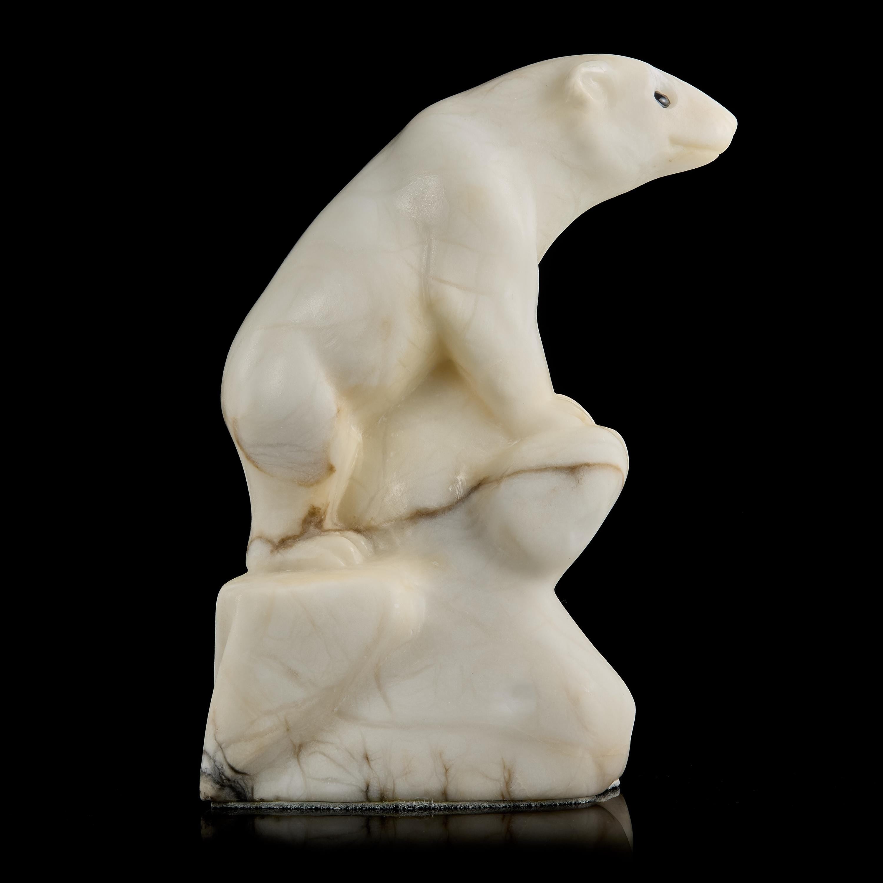 Vintage Inuit White Marble Polar Bear Figurine on Base | Yup'ik Carving, Early-Mid 20th C.
