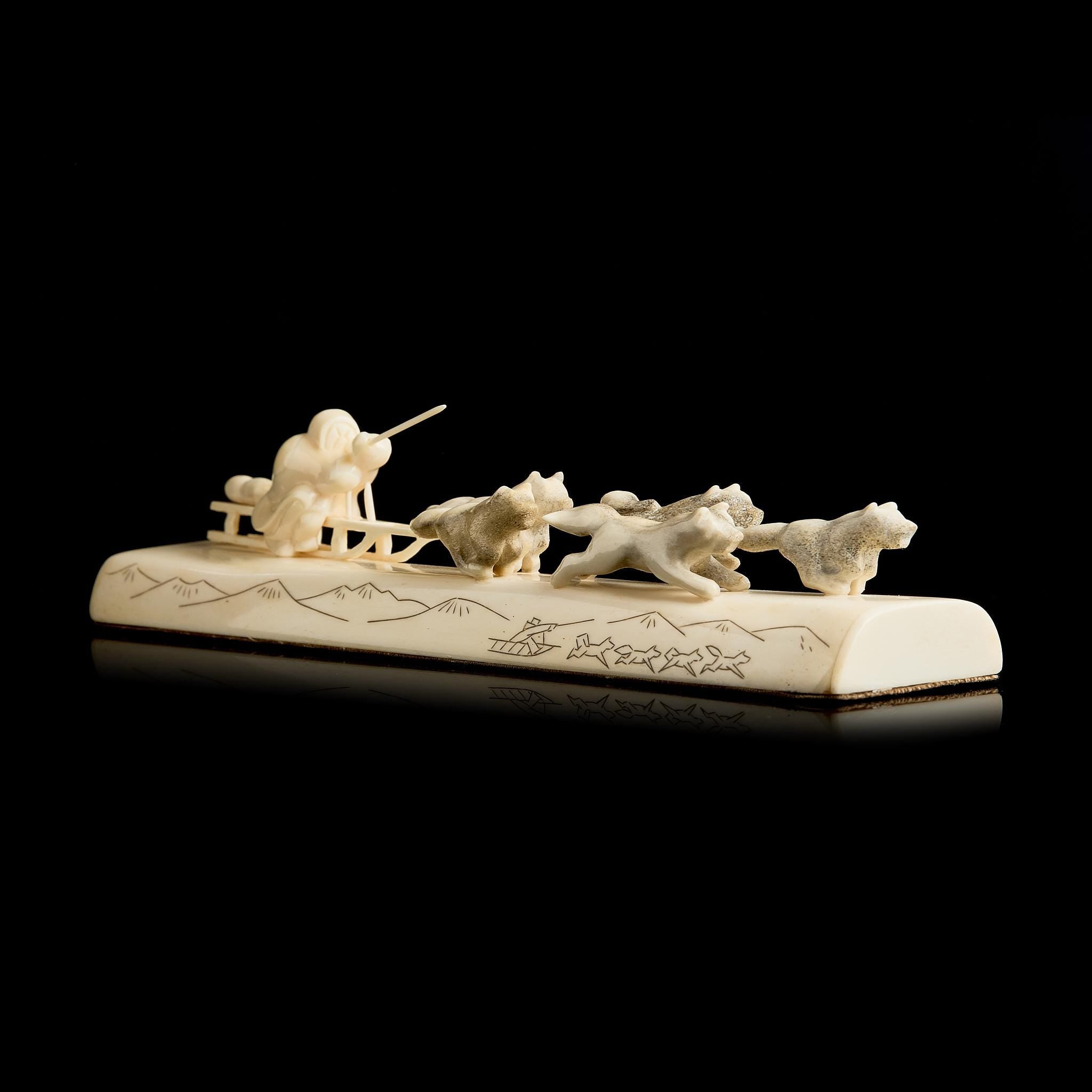 Vintage Bone Carving: "Eskimo with Dogs" Scene | Yupik Author's Sculpture, Rare Collectible