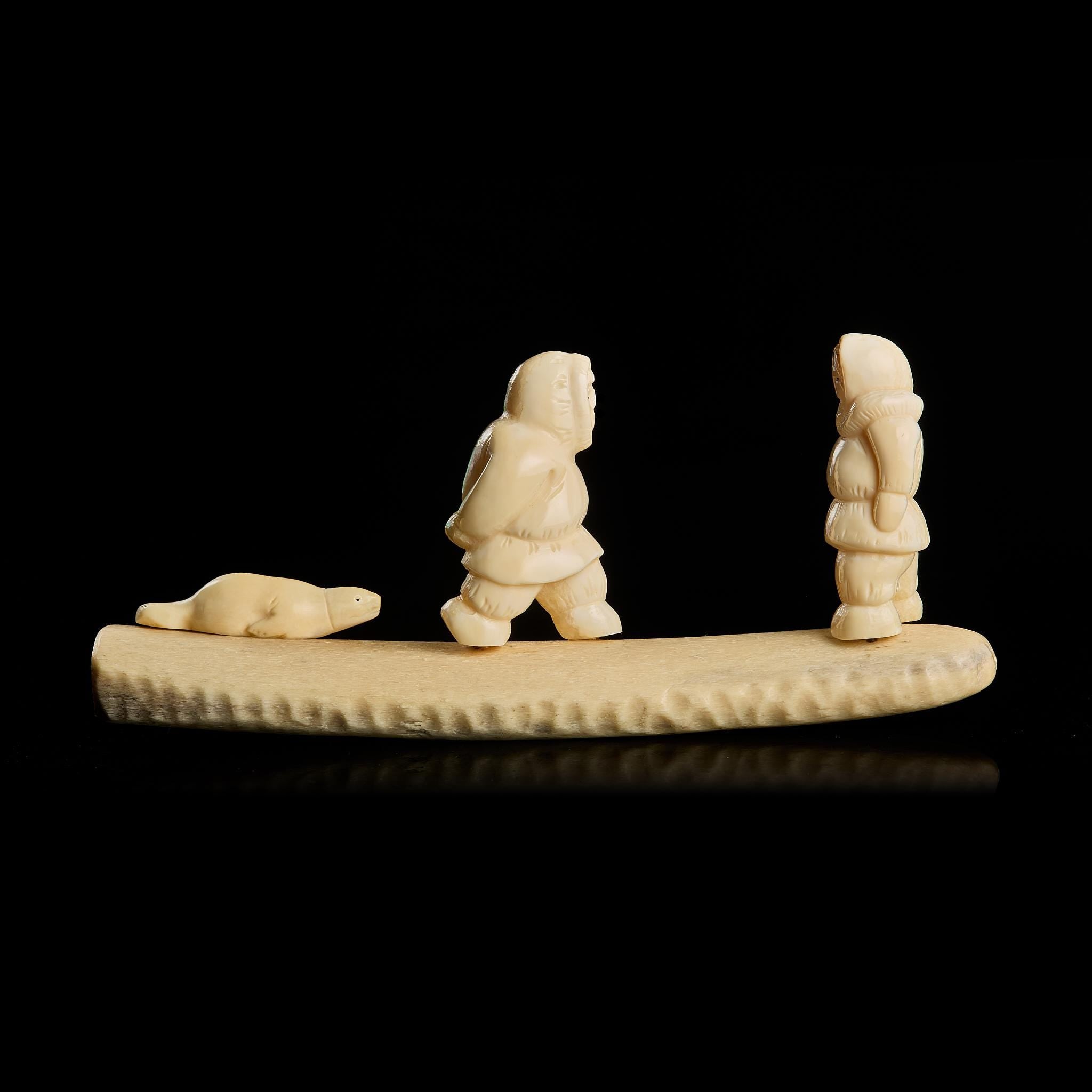 Rare Vintage Inuit Bone Carving: "Chukchi with Prey" Scene | Yupik Art, Chukotka, 1970s