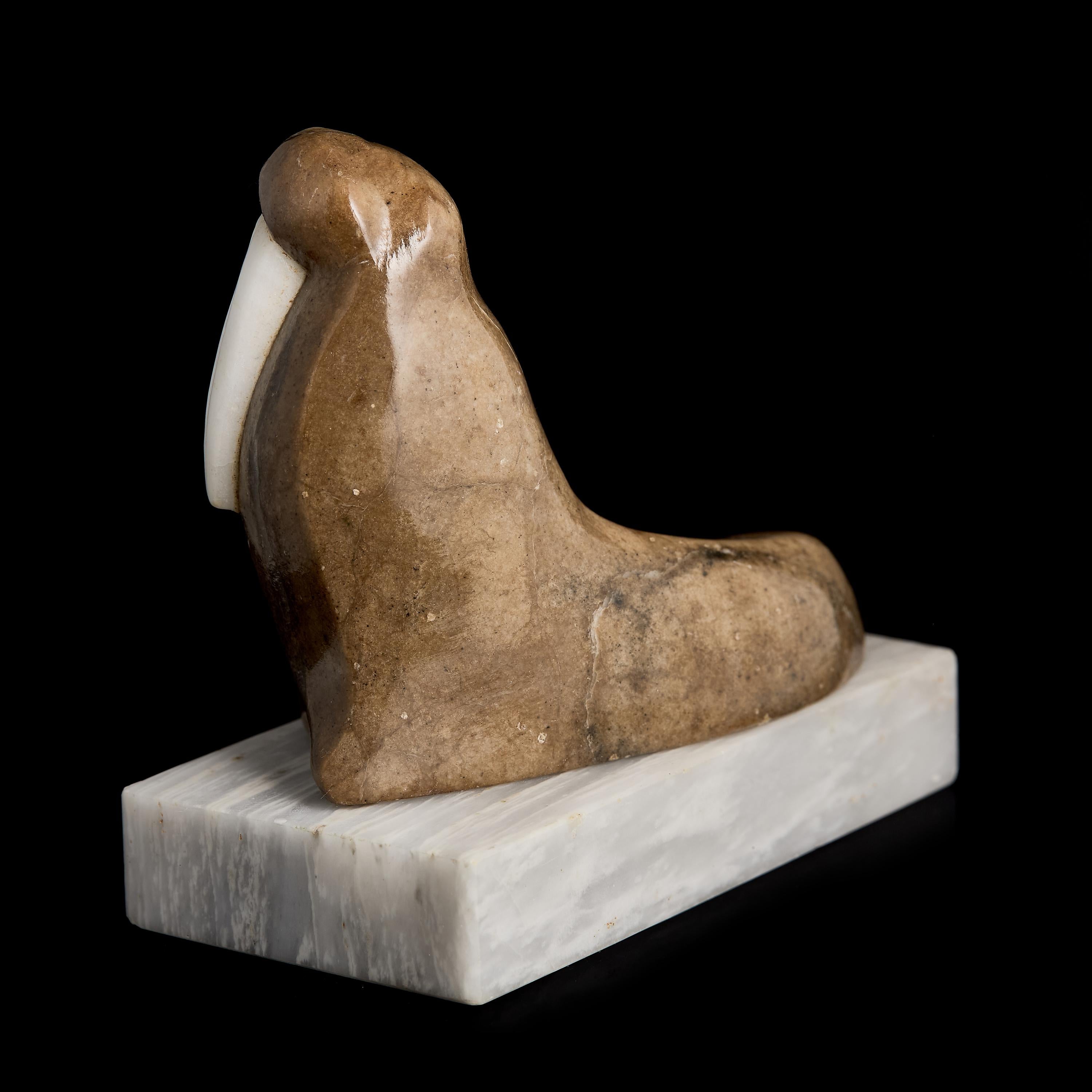 Vintage Inuit Marble Walrus Figurine on Ice Floe Base | Yup'ik Stone Sculpture, Early-Mid 20th C.