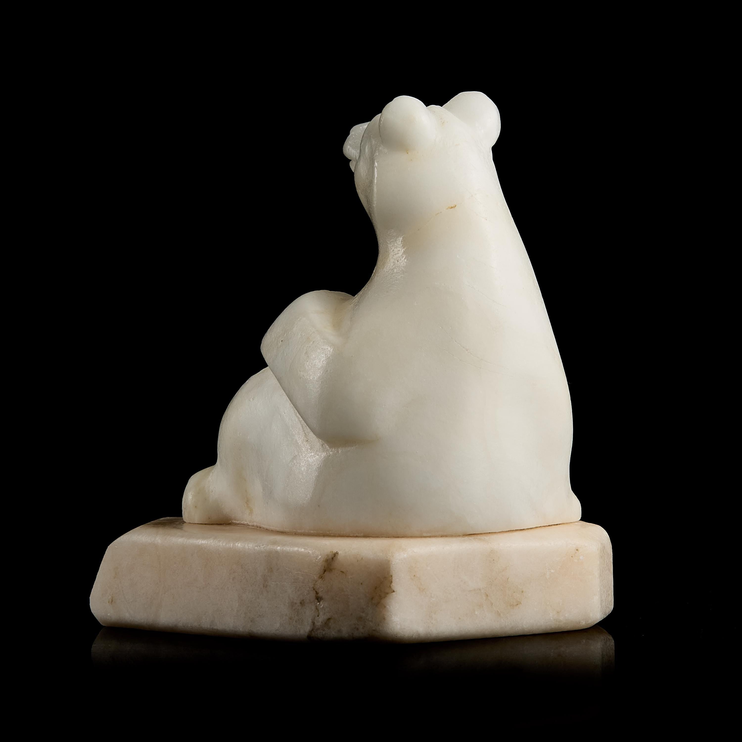 Vintage Inuit White Marble Polar Bear Figurine on Stone Pedestal | Yupik Craft, Early-Mid 20th C.