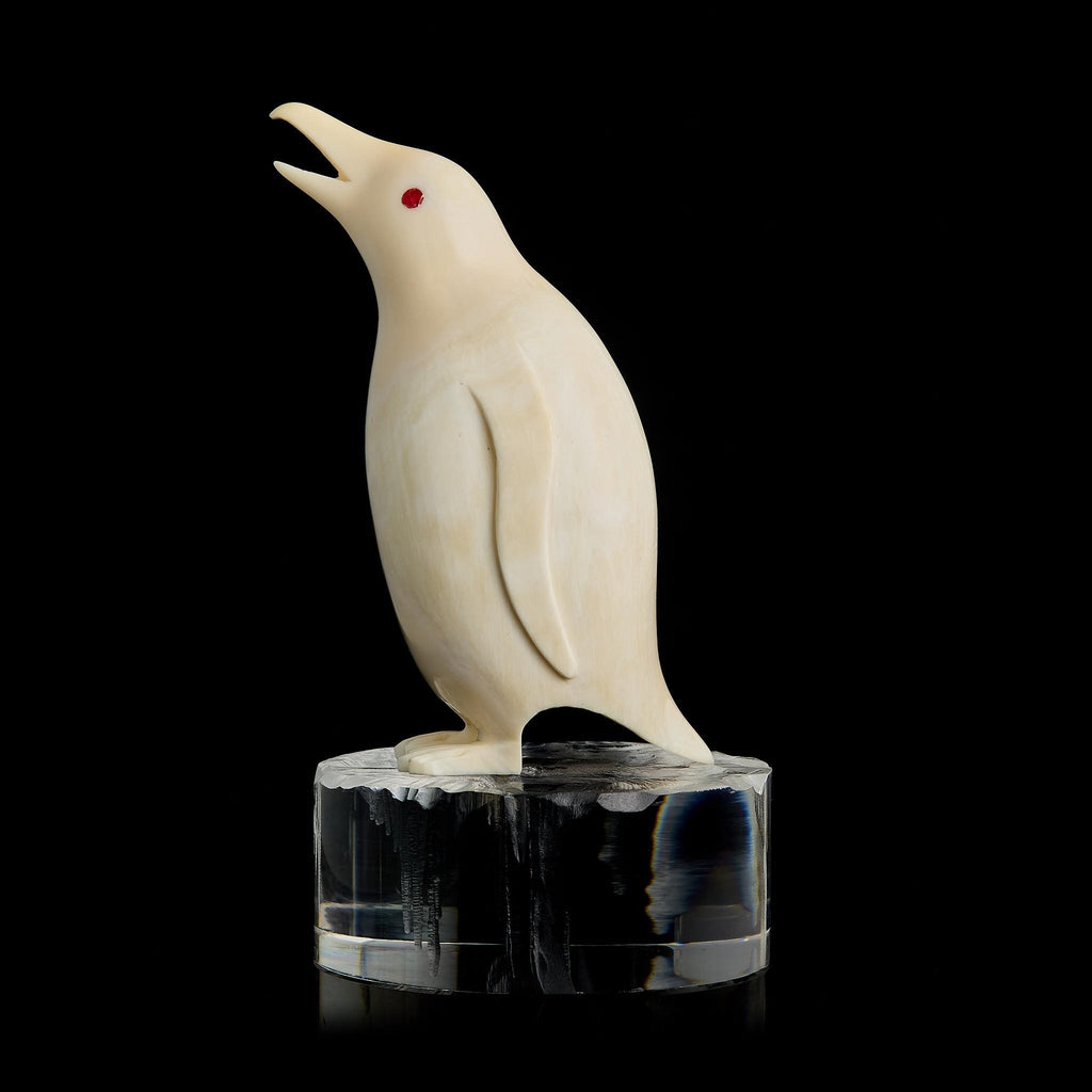 Vintage Inuit Bone Carving: Antarctic Penguin Figurine | Red Eye, Acrylic Pedestal, Early-Mid 20th C.