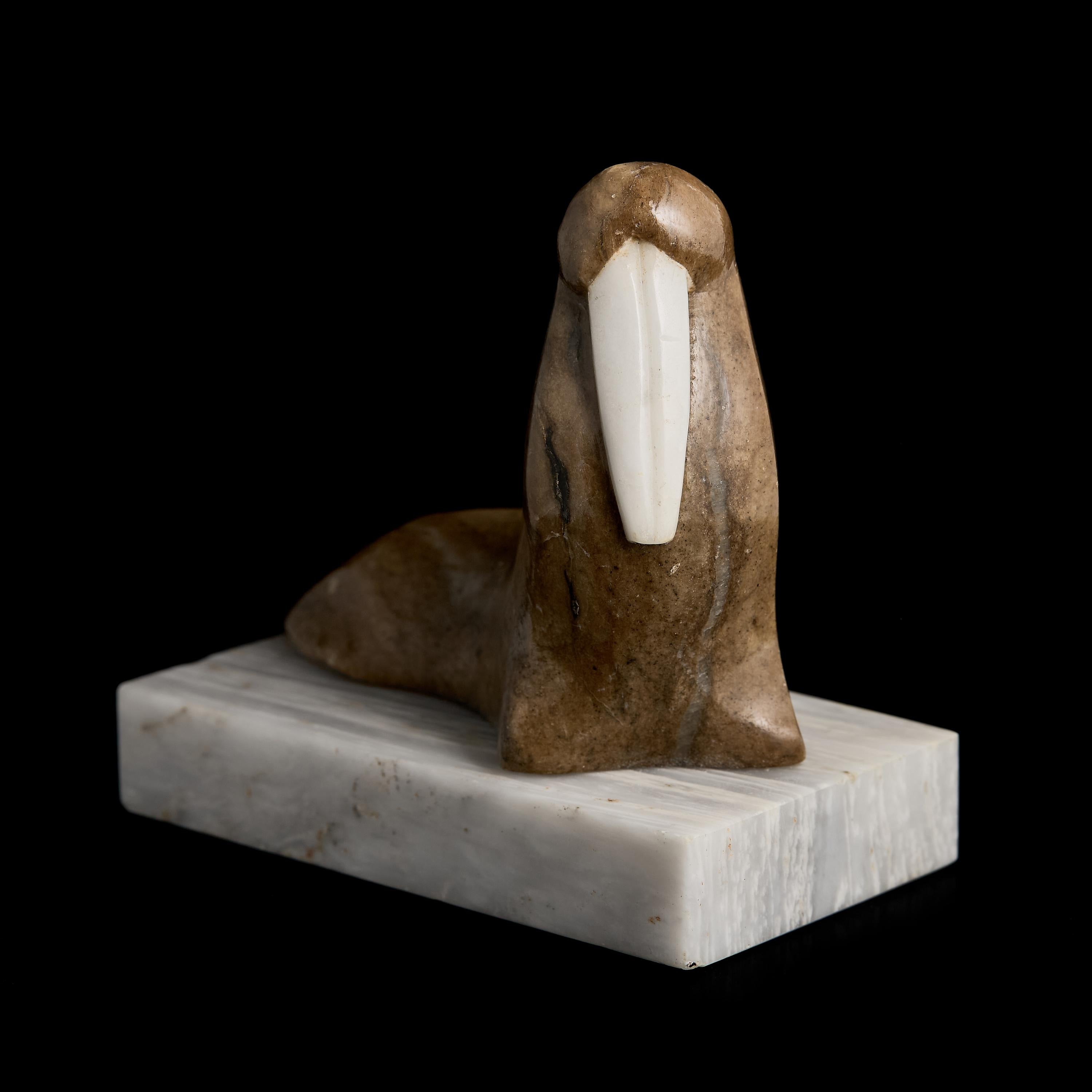 Vintage Inuit Marble Walrus Figurine on Ice Floe Base | Yup'ik Stone Sculpture, Early-Mid 20th C.