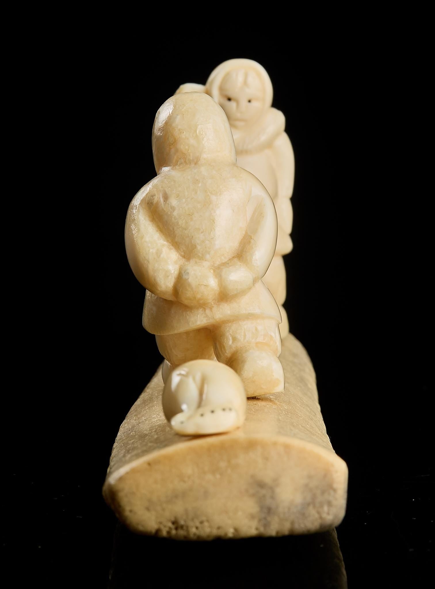 Rare Vintage Inuit Bone Carving: "Chukchi with Prey" Scene | Yupik Art, Chukotka, 1970s