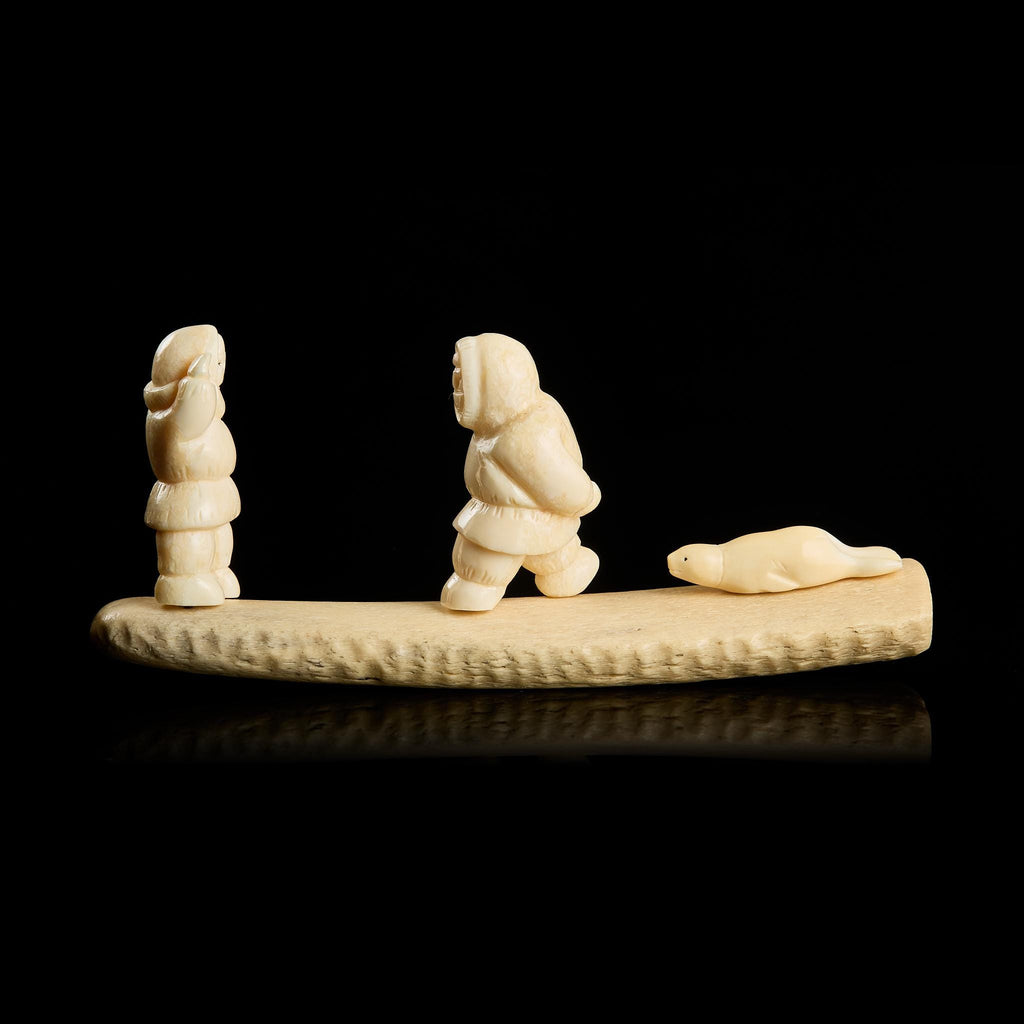 Rare Vintage Inuit Bone Carving: "Chukchi with Prey" Scene | Yupik Art, Chukotka, 1970s