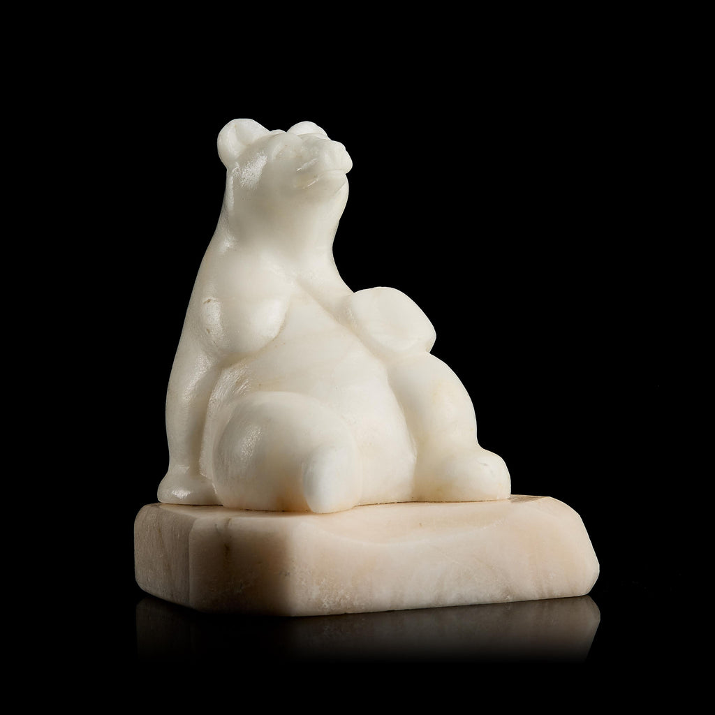 Vintage Inuit White Marble Polar Bear Figurine on Stone Pedestal | Yupik Craft, Early-Mid 20th C.