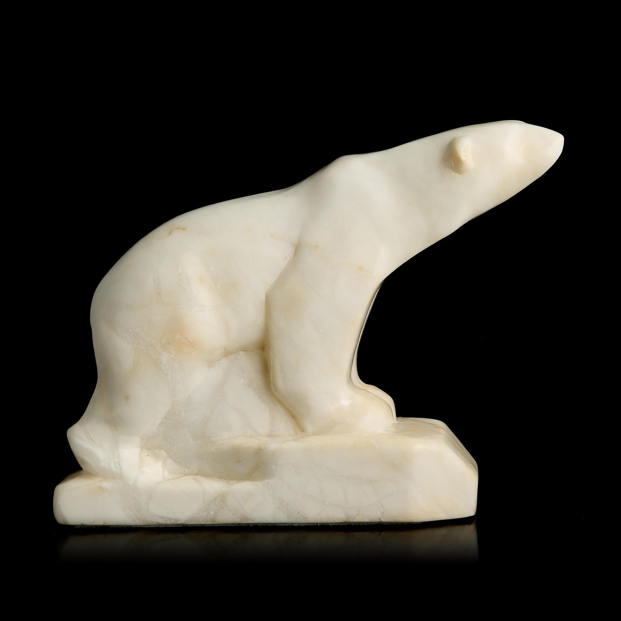 Vintage Inuit White Marble Polar Bear Figurine | Yupik Craft Stone Carving, Early-Mid 20th C.