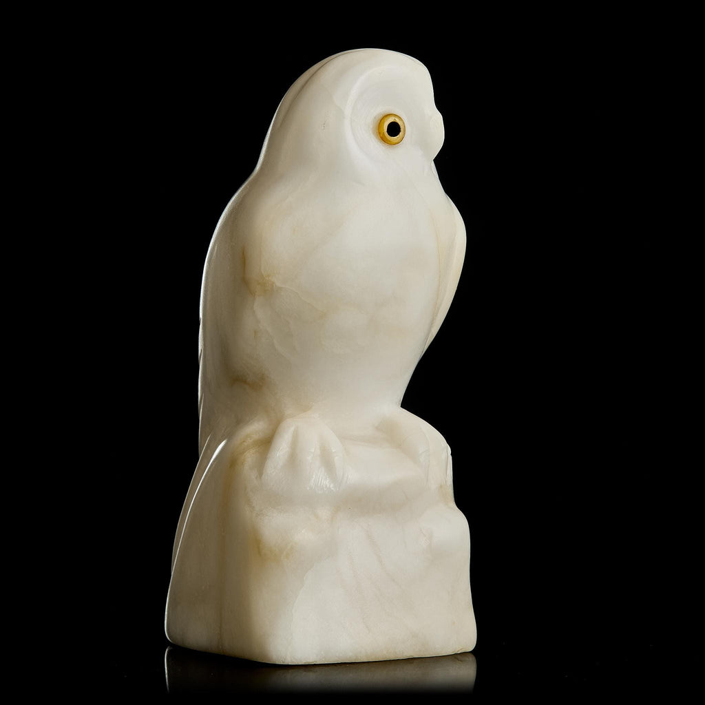 🦉 Antique White Northern Owl Figurine | Carved White Marble & Natural Amber Eyes