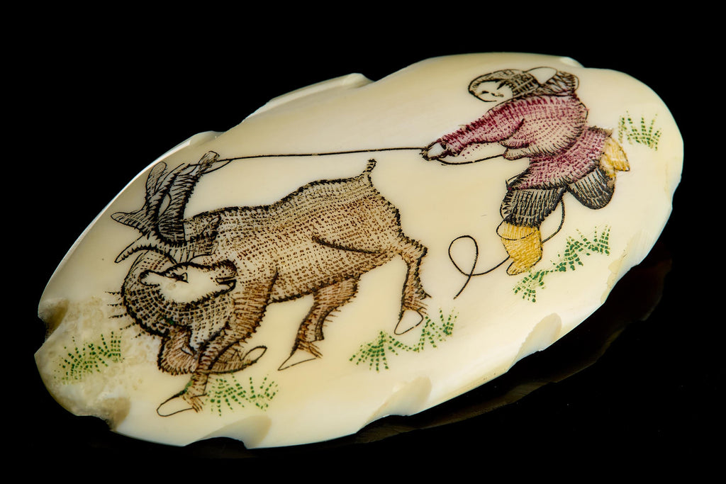 Vintage Inuit Bone Brooch: Engraved Chukchi & Reindeer Scene | Ethnic Jewelry, USSR 1950s–60s