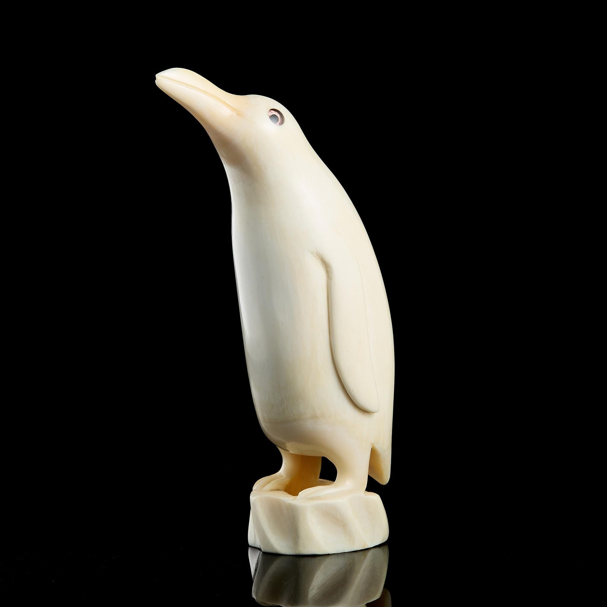 Vintage Inuit Carved Penguin Figurine on Ice Base | Yupik Art, Early-Mid 20th C.