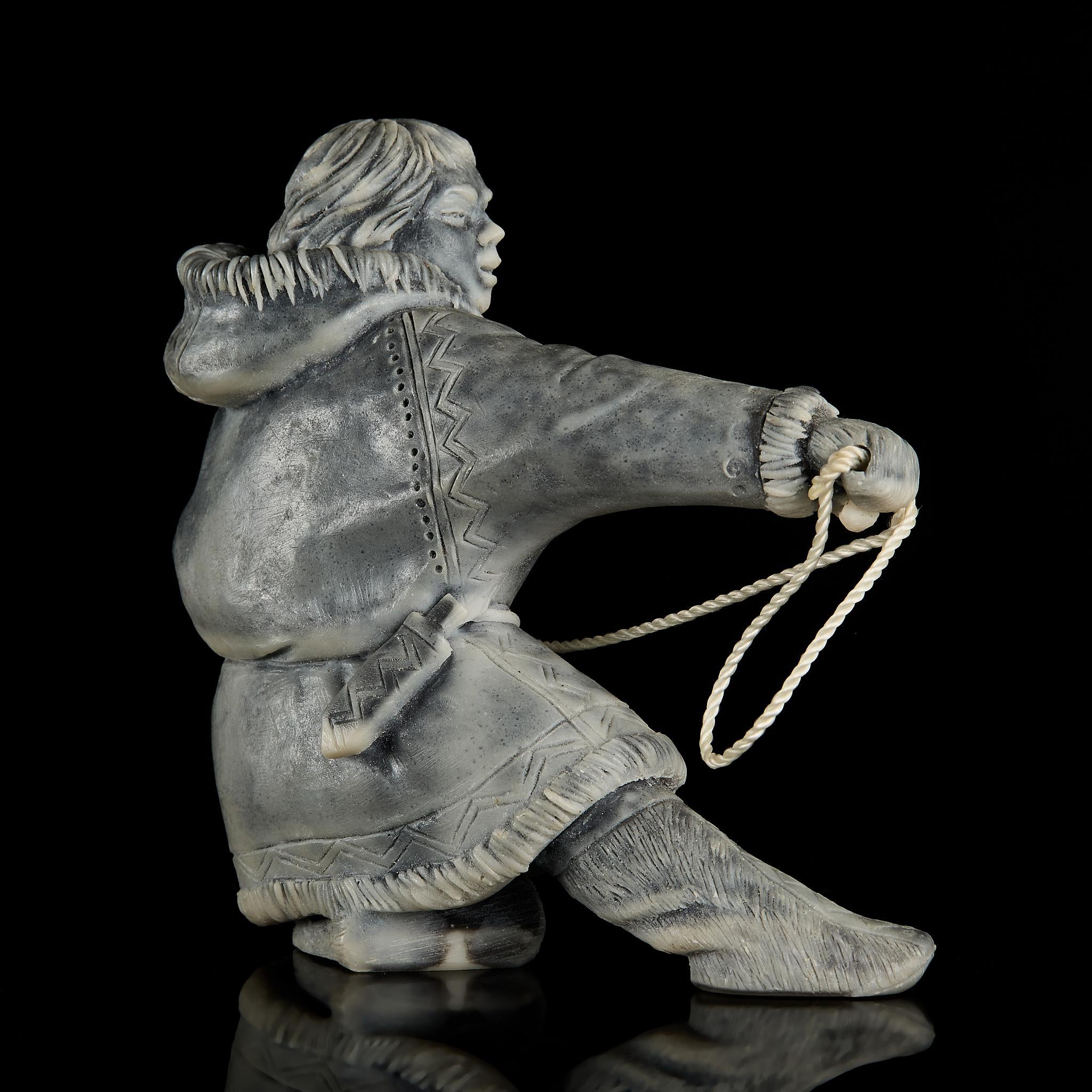 Dynamic Inuit/Chukchi Hunter Figurine in Polymer Stone | Arctic Culture Art