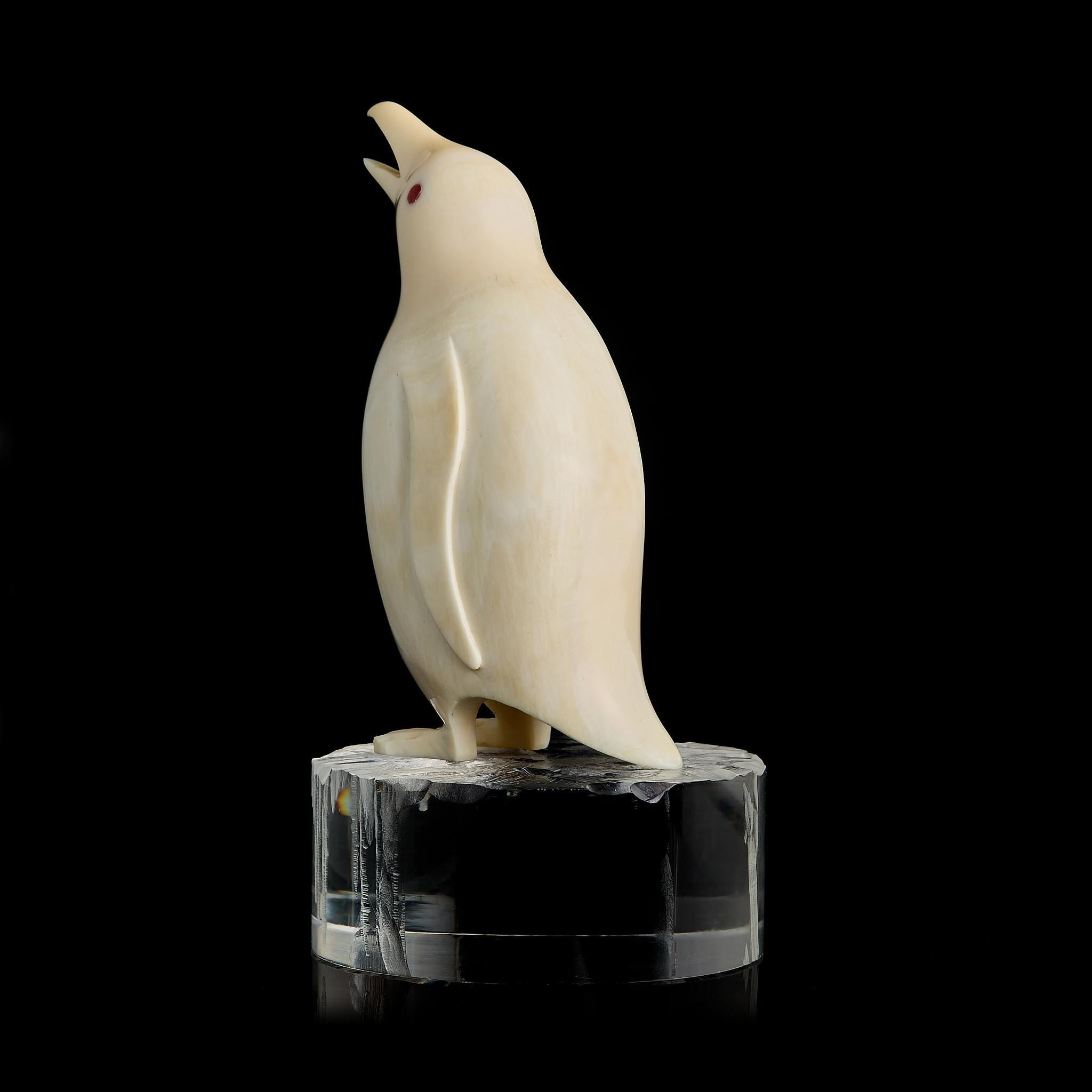 Vintage Inuit Bone Carving: Antarctic Penguin Figurine | Red Eye, Acrylic Pedestal, Early-Mid 20th C.