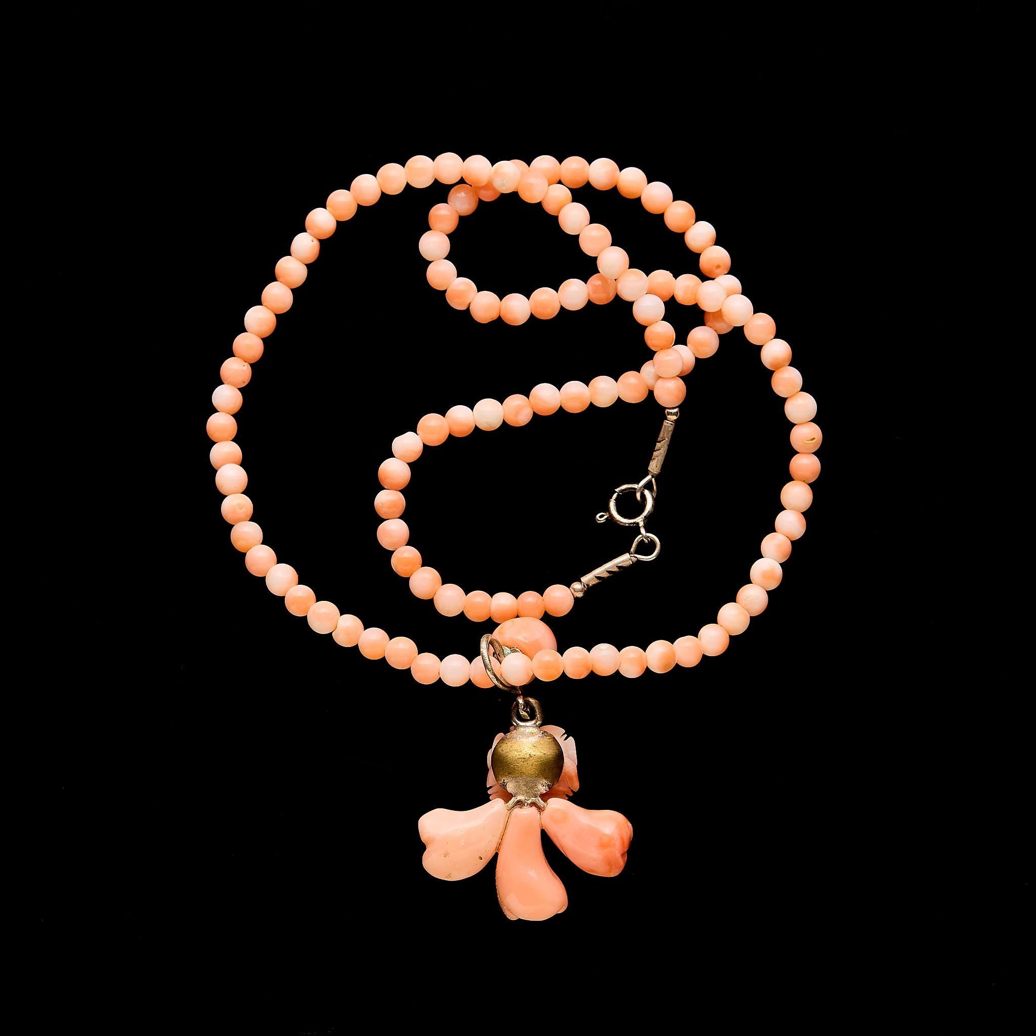 Vintage "Angel Skin" Coral Necklace w/ Japanese Carved Roses | Art Deco, 40cm