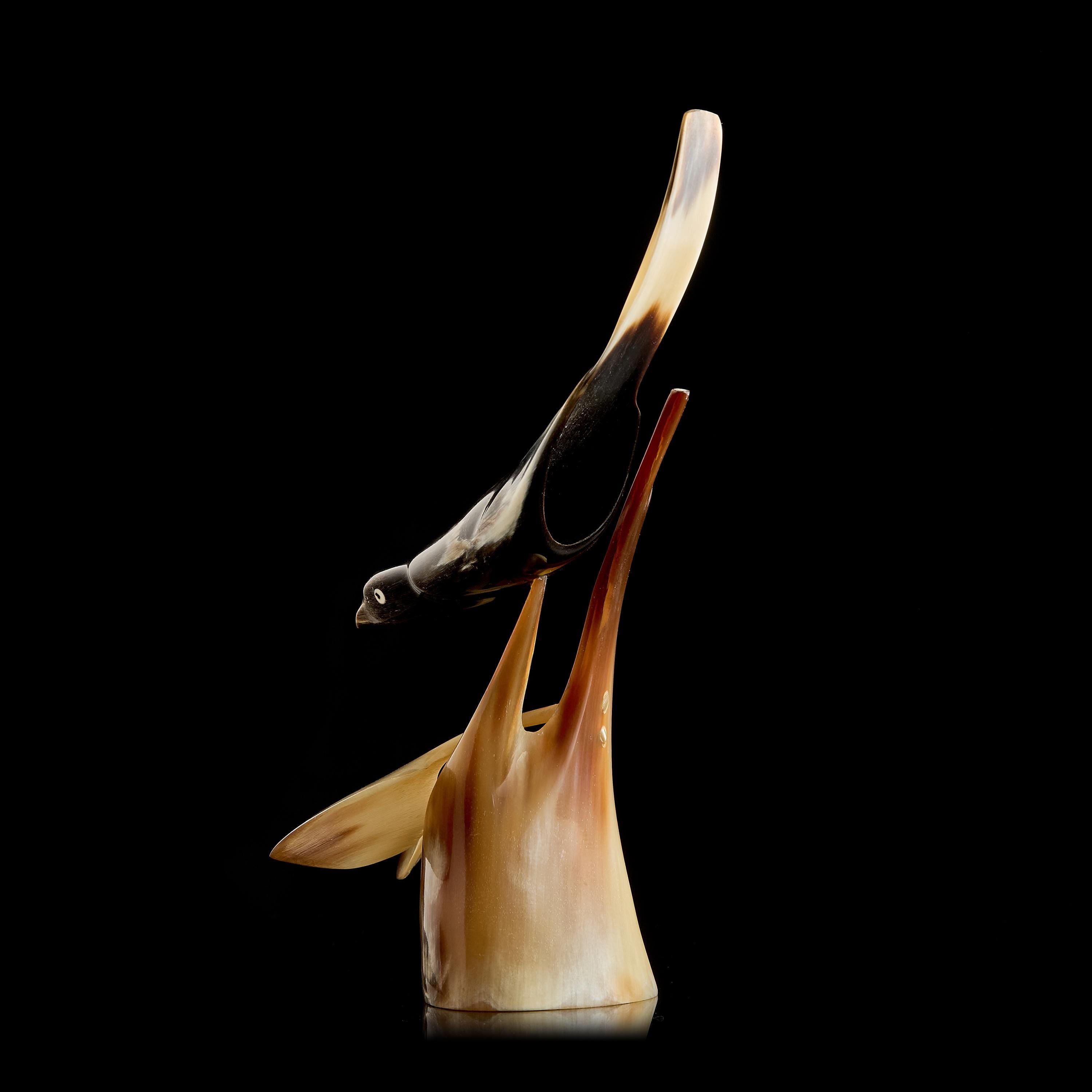 Vintage Horn Carving: Bird Figurine on Pedestal | USSR 1950s–60s, Chukchi/Yakut Art