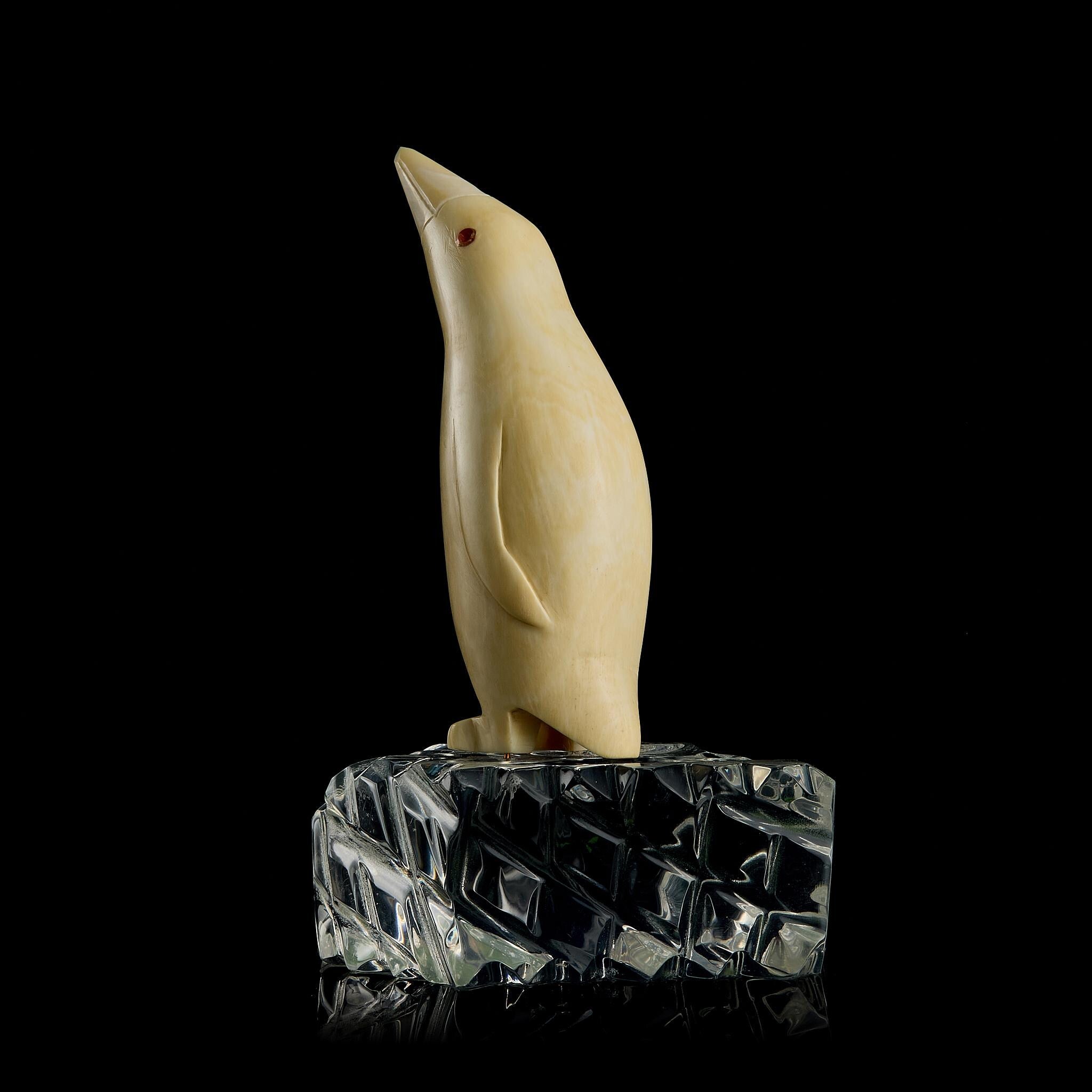 Vintage Inuit Bone Carving: Antarctic Penguin on Glass Ice Floe | Yupik Art, Early-Mid 20th C.