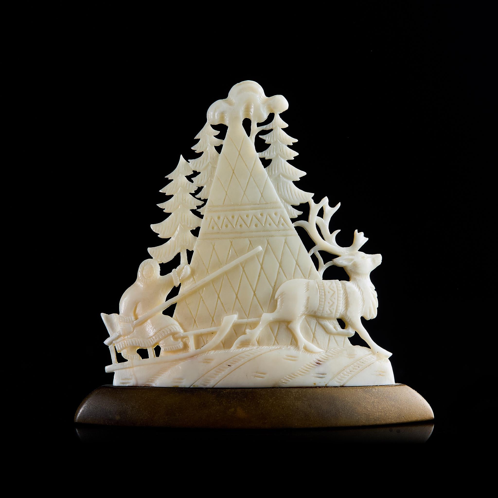 Vintage Inuit/Chukchi Camp Scene Carving: Hunter, Deer & Yurt | Kholmogory Bone Art, USSR 1950s