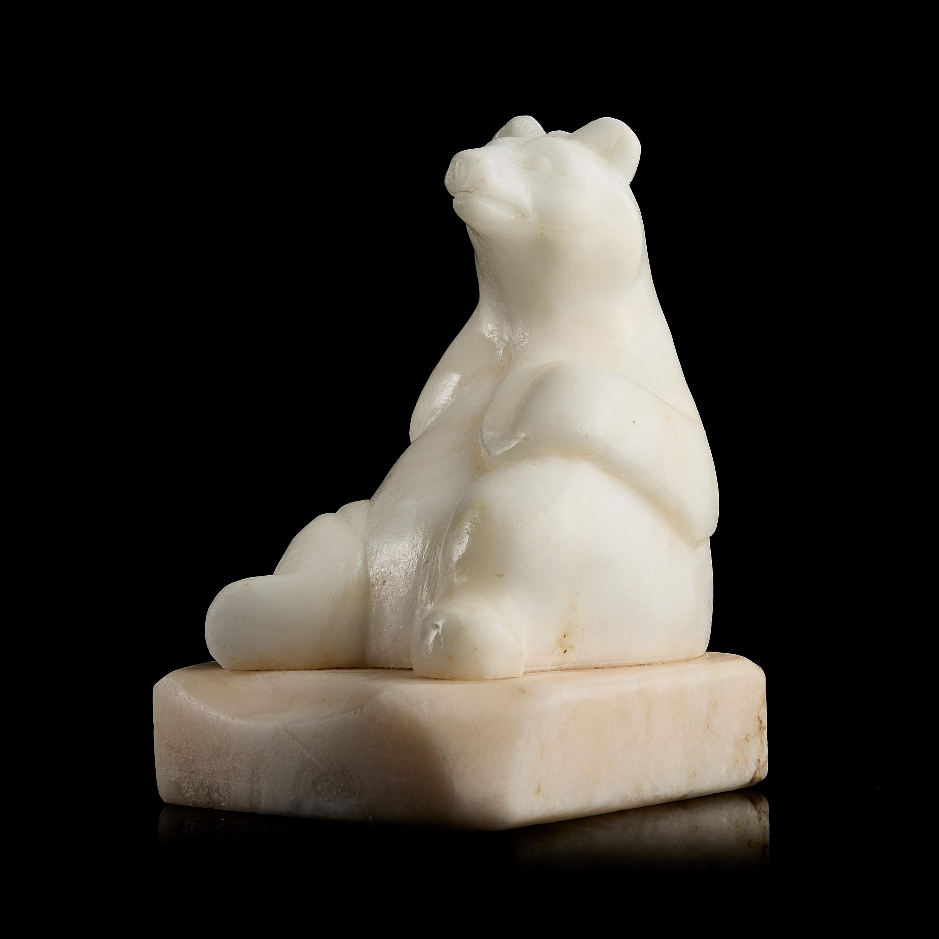Vintage Inuit White Marble Polar Bear Figurine on Stone Pedestal | Yupik Craft, Early-Mid 20th C.