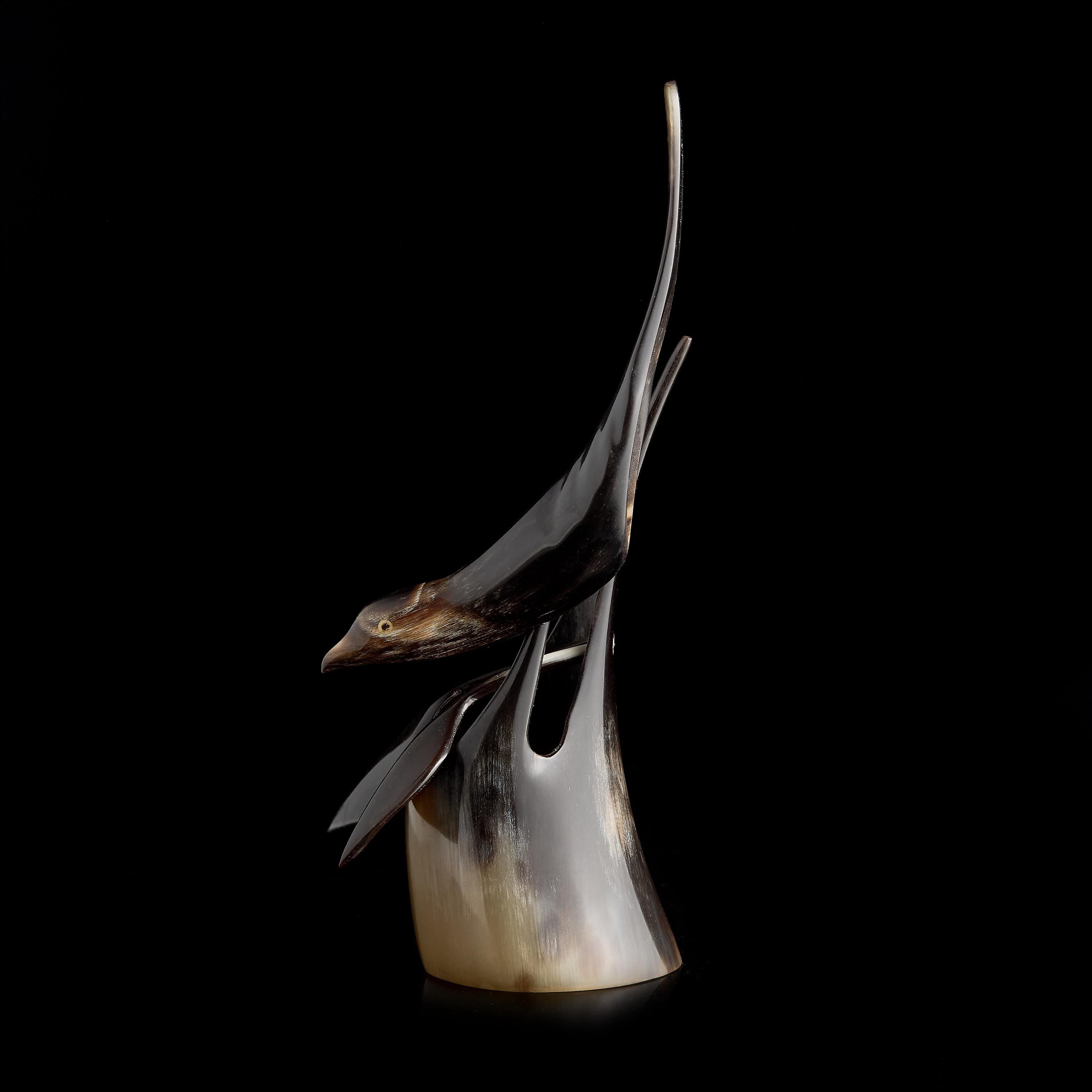 Vintage Horn Carving: Dark Bird Figurine on Sculpted Base | USSR 1950s–60s, Chukchi/Yakut Art