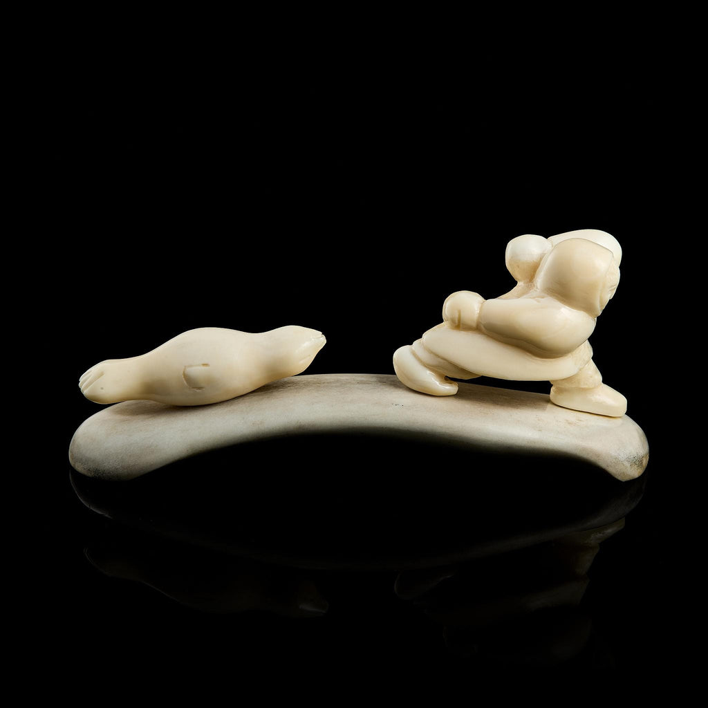 Rare Vintage Inuit Bone Carving: "Chukchi Hunter and Seal" Scene | Yupik Art, Chukotka, 1970s