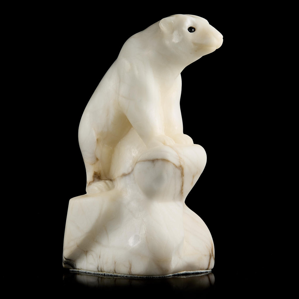 Vintage Inuit White Marble Polar Bear Figurine on Base | Yup'ik Carving, Early-Mid 20th C.