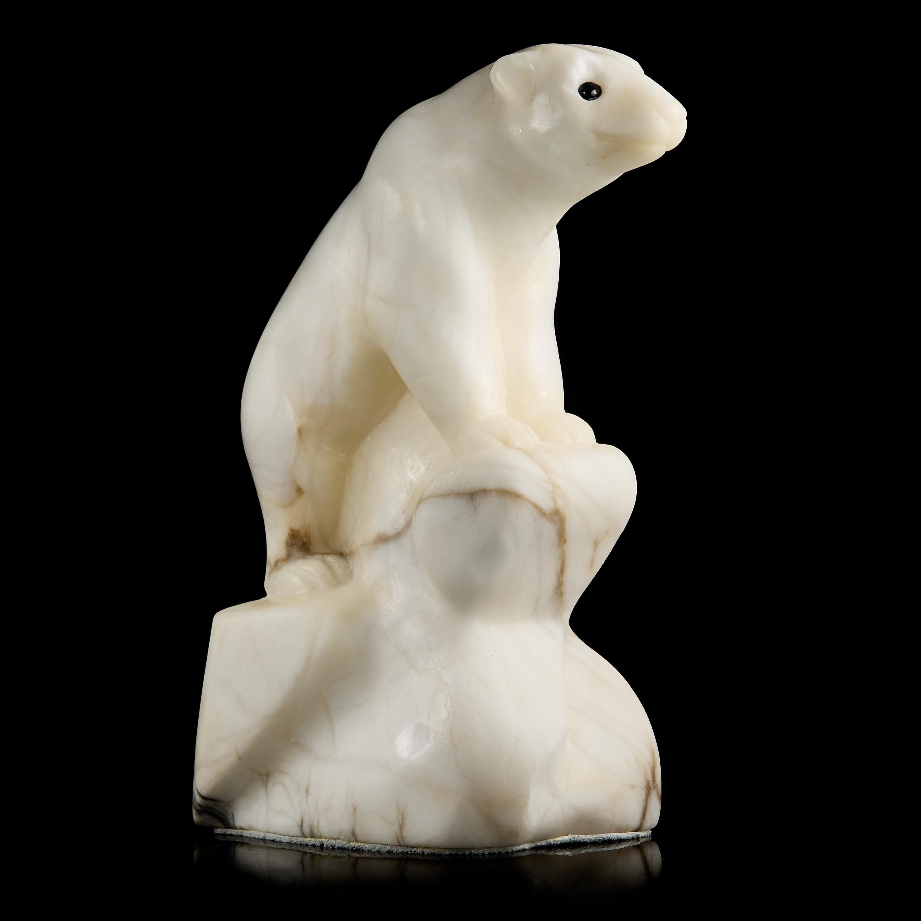 Vintage Inuit White Marble Polar Bear Figurine on Base | Yup'ik Carving, Early-Mid 20th C.