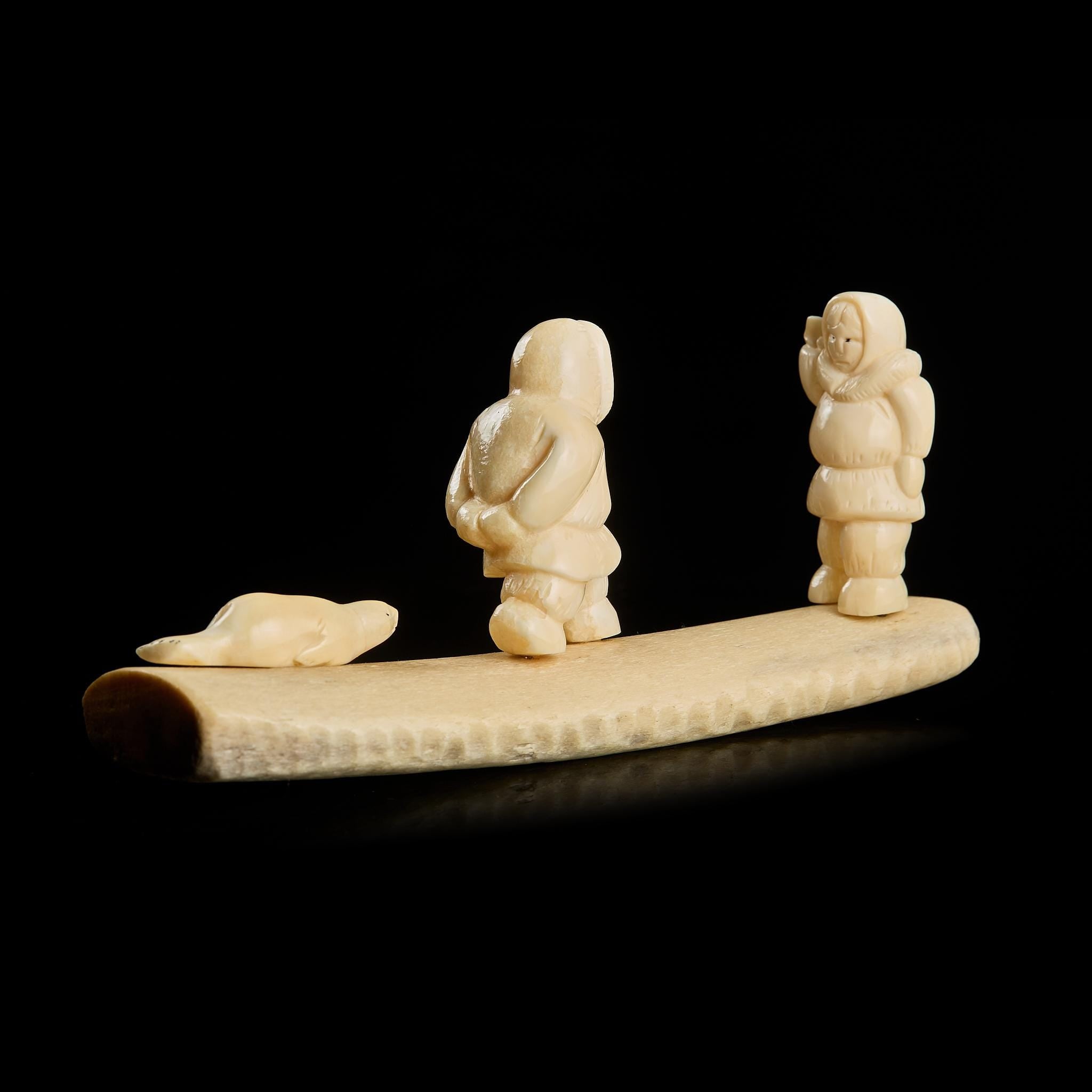 Rare Vintage Inuit Bone Carving: "Chukchi with Prey" Scene | Yupik Art, Chukotka, 1970s