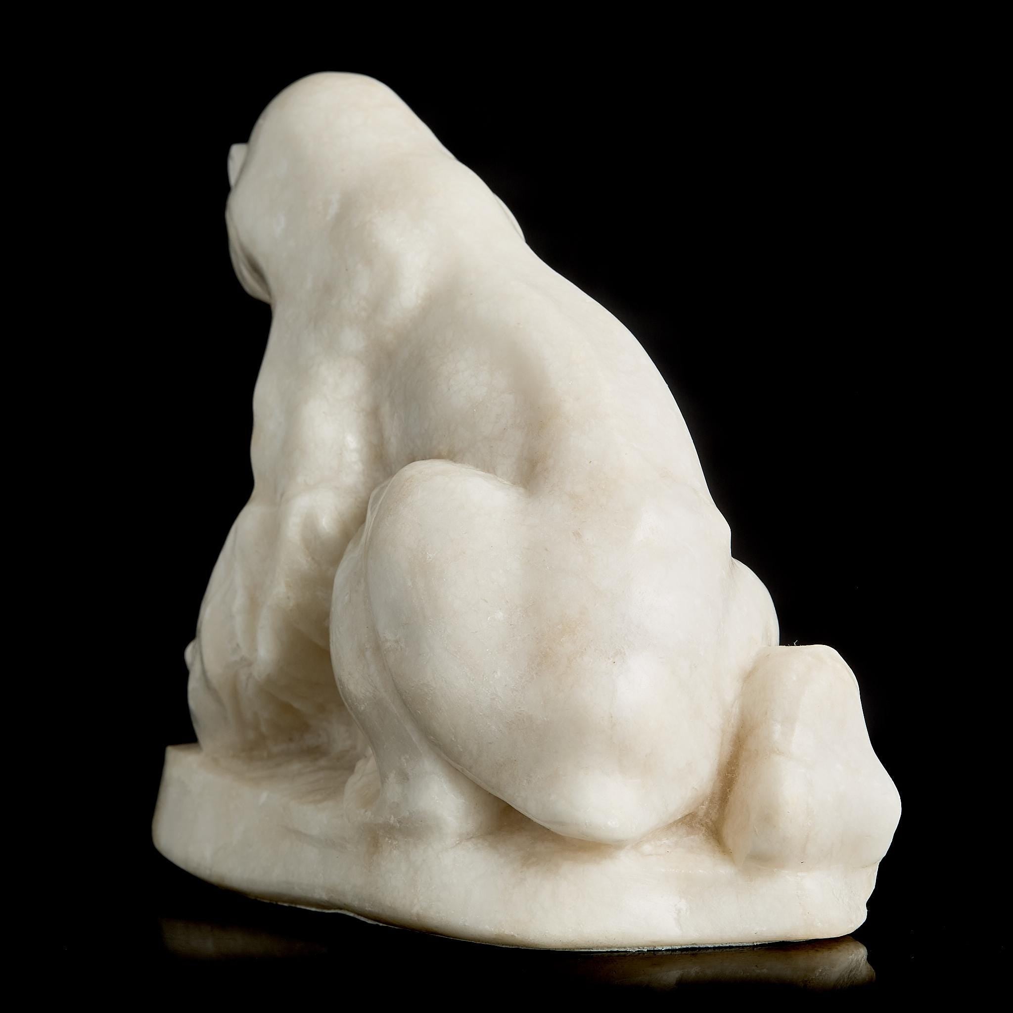 Large Antique White Marble Polar Bear Figurine with Fish | Pre-Revolutionary Russian Stone Carving, Early 20th C.
