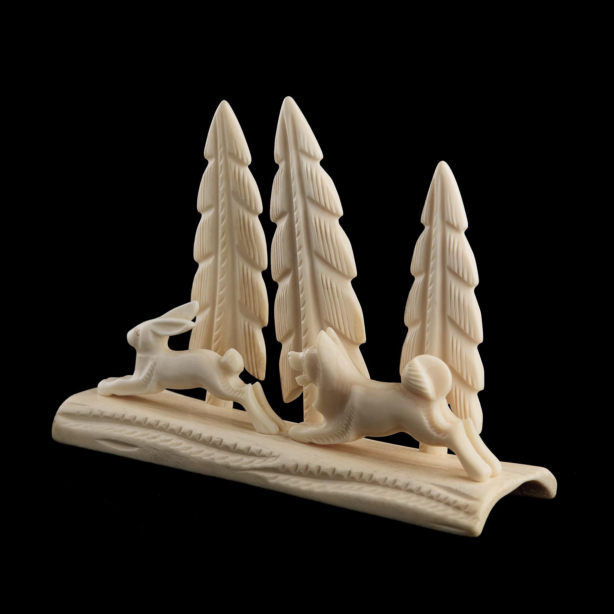Rare Vintage Inuit Bone Carving: Forest Hunt Scene (Hare & Dog/Wolf) | USSR, Mid-20th C.