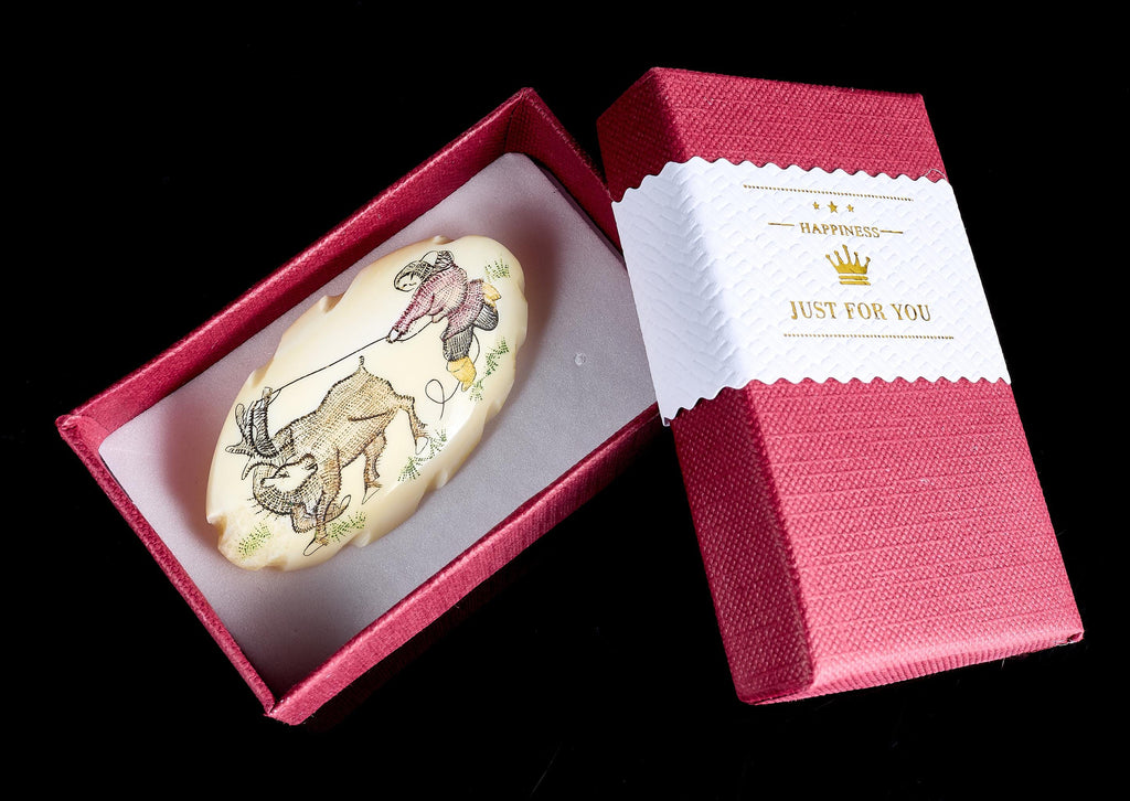 Vintage Inuit Bone Brooch: Engraved Chukchi & Reindeer Scene | Ethnic Jewelry, USSR 1950s–60s