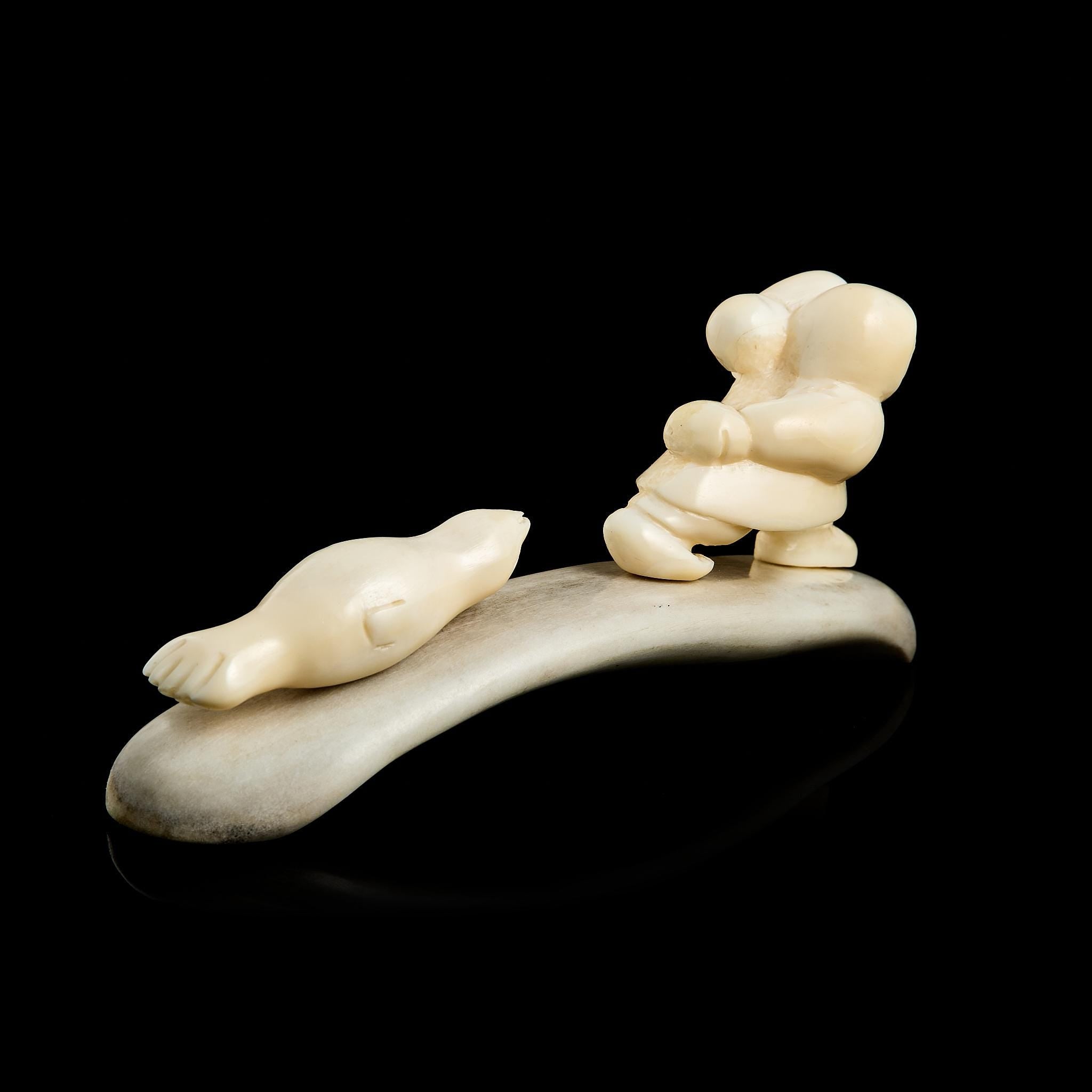 Rare Vintage Inuit Bone Carving: "Chukchi Hunter and Seal" Scene | Yupik Art, Chukotka, 1970s