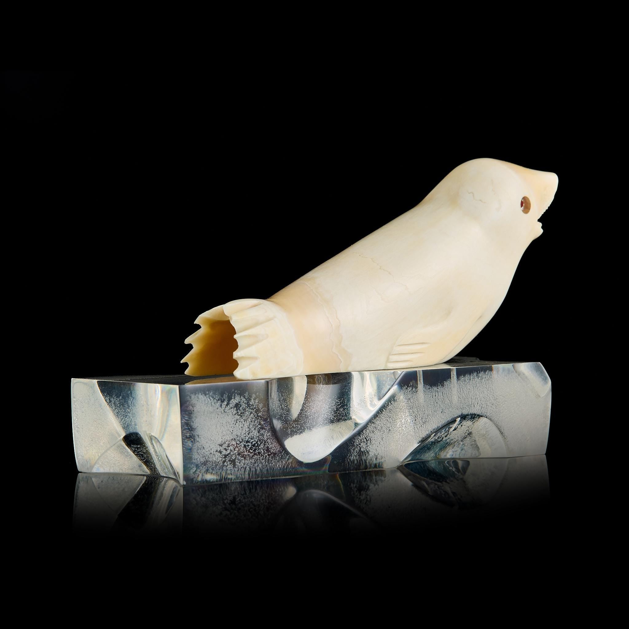 Vintage Inuit Bone Carving: Arctic Seal on Ice Floe | Yupik Alaskan Sculpture, Early-Mid 20th C.