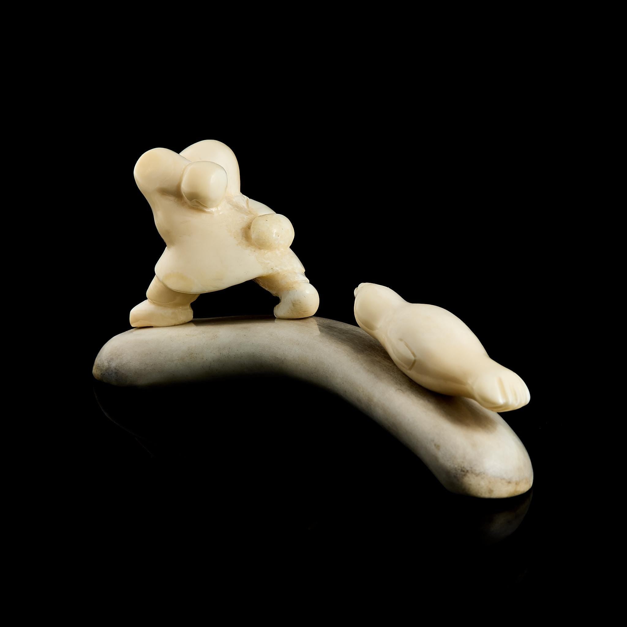Rare Vintage Inuit Bone Carving: "Chukchi Hunter and Seal" Scene | Yupik Art, Chukotka, 1970s