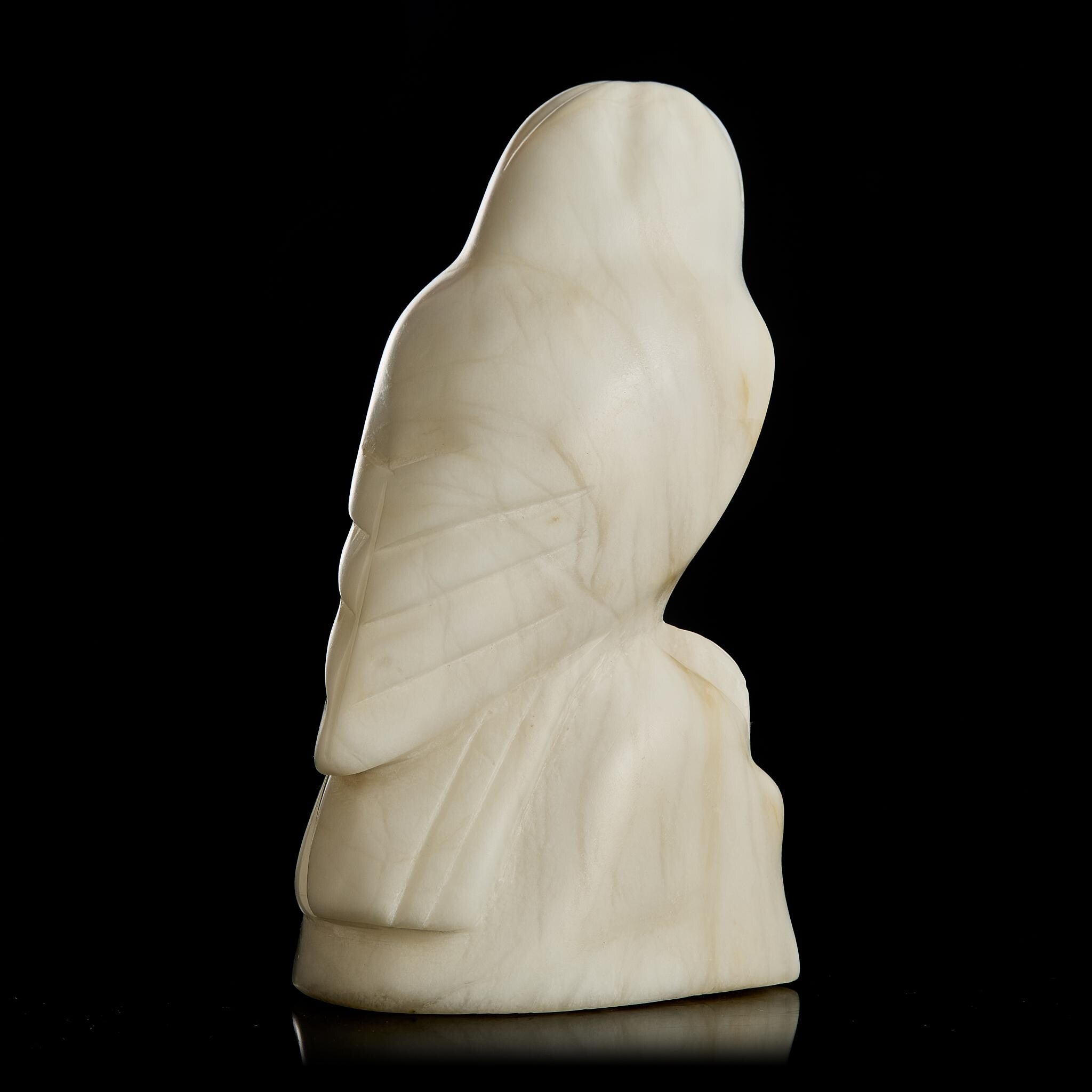 🦉 Antique White Northern Owl Figurine | Carved White Marble & Natural Amber Eyes