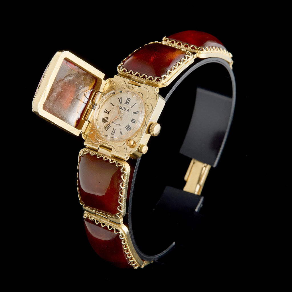 Vintage Chaika Mechanical Watch (17 Jewels) with Amber Bracelet | USSR Jewelry Cocktail Watch