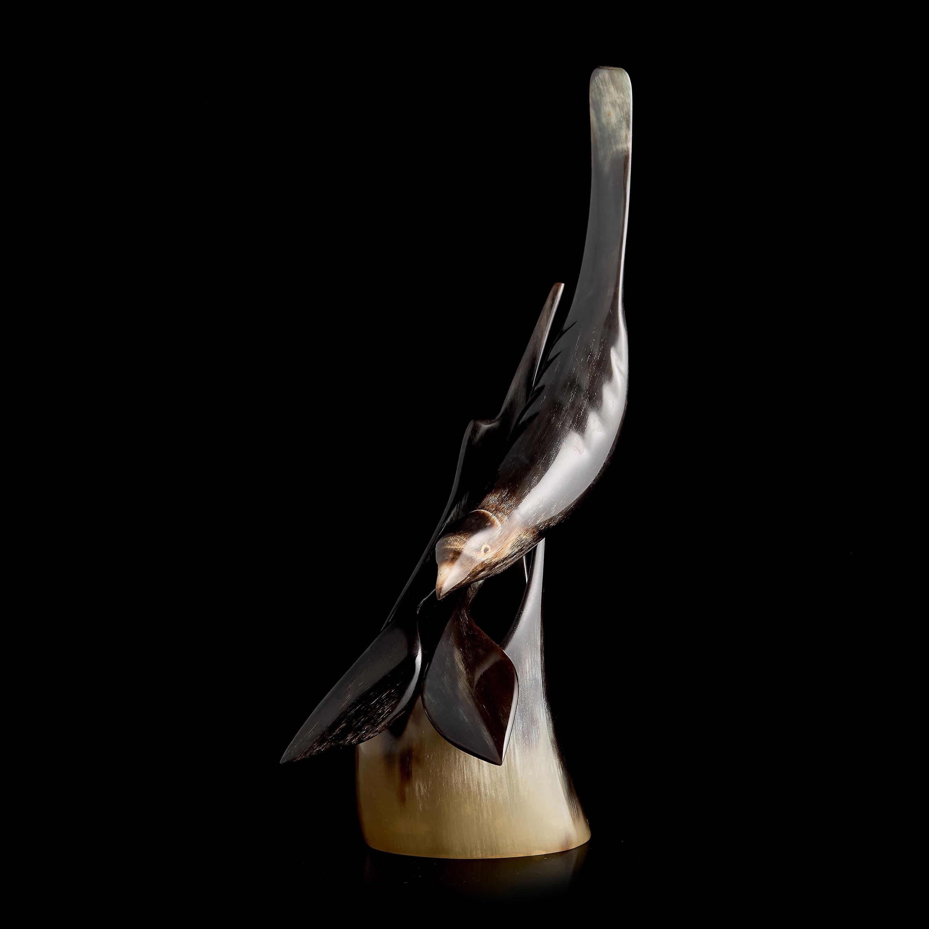 Vintage Horn Carving: Dark Bird Figurine on Sculpted Base | USSR 1950s–60s, Chukchi/Yakut Art