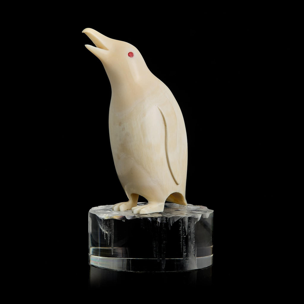Vintage Inuit Bone Carving: Antarctic Penguin Figurine | Red Eye, Acrylic Pedestal, Early-Mid 20th C.