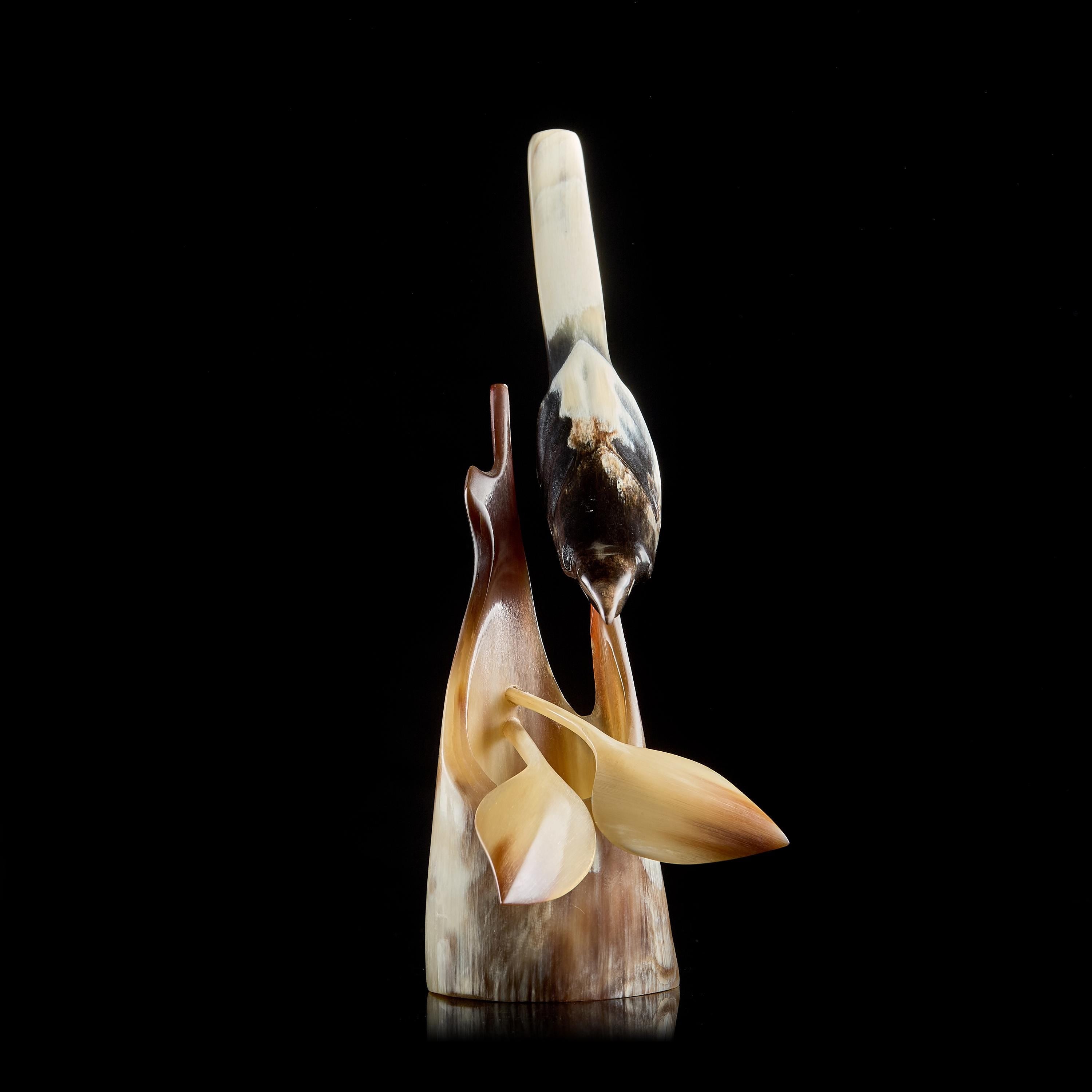 Vintage Horn Carving: Bird Figurine on Pedestal | USSR 1950s–60s, Chukchi/Yakut Art