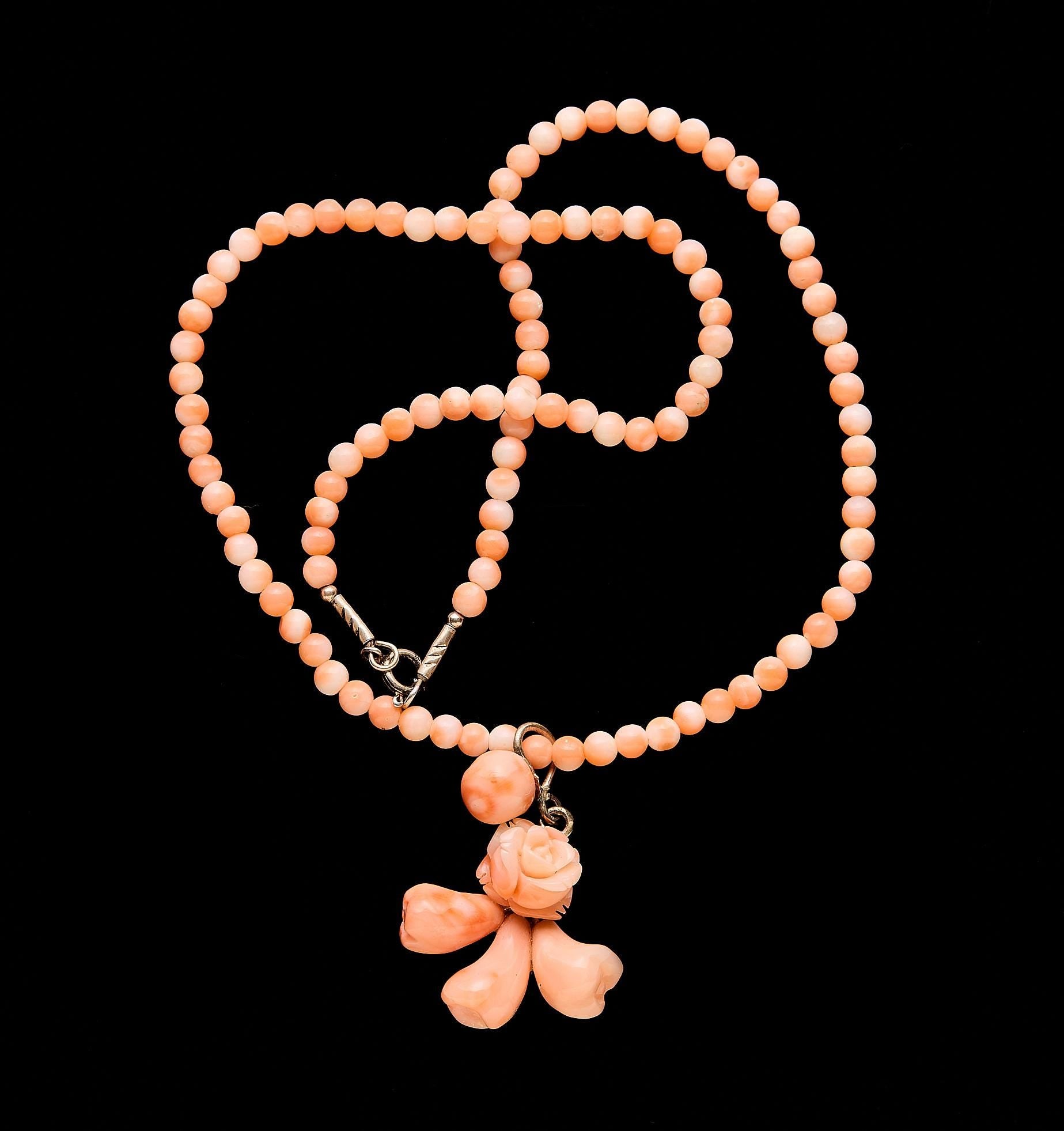 Vintage "Angel Skin" Coral Necklace w/ Japanese Carved Roses | Art Deco, 40cm