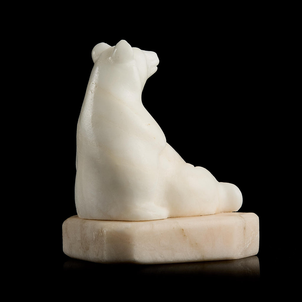 Vintage Inuit White Marble Polar Bear Figurine on Stone Pedestal | Yupik Craft, Early-Mid 20th C.