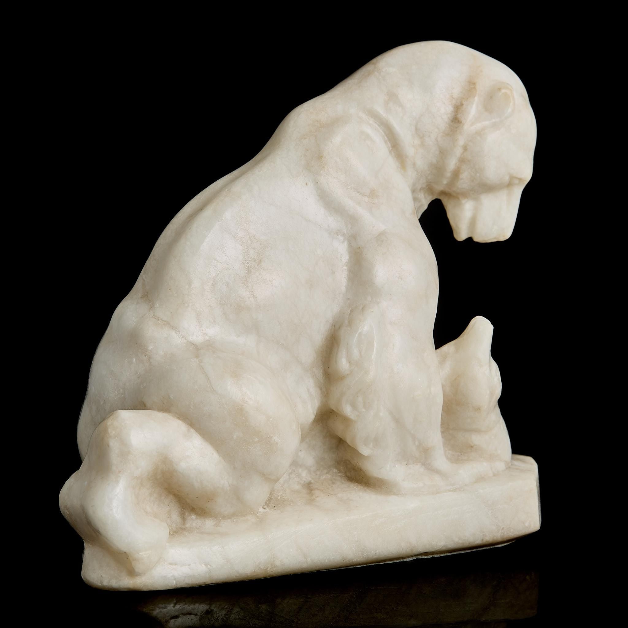 Large Antique White Marble Polar Bear Figurine with Fish | Pre-Revolutionary Russian Stone Carving, Early 20th C.