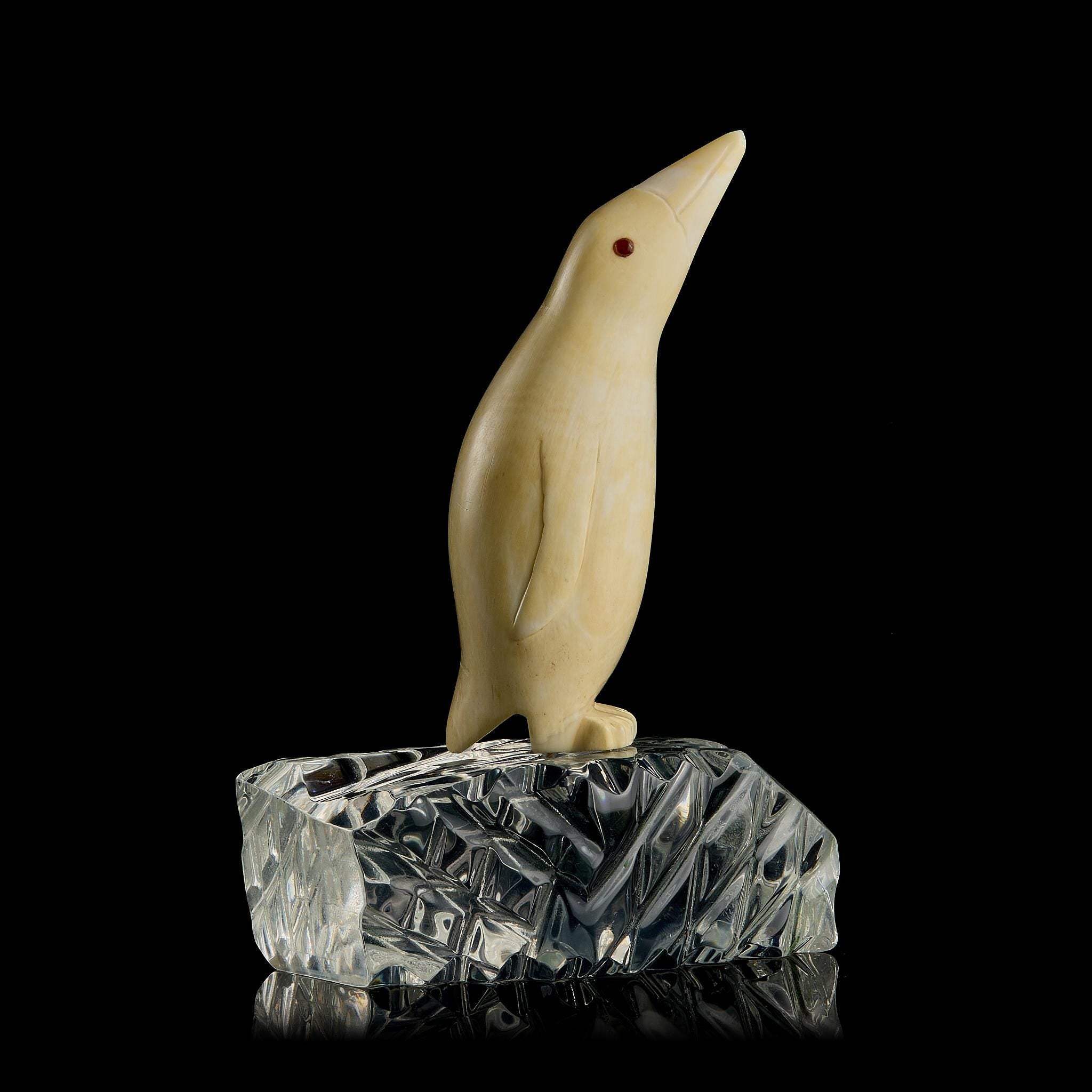 Vintage Inuit Bone Carving: Antarctic Penguin on Glass Ice Floe | Yupik Art, Early-Mid 20th C.
