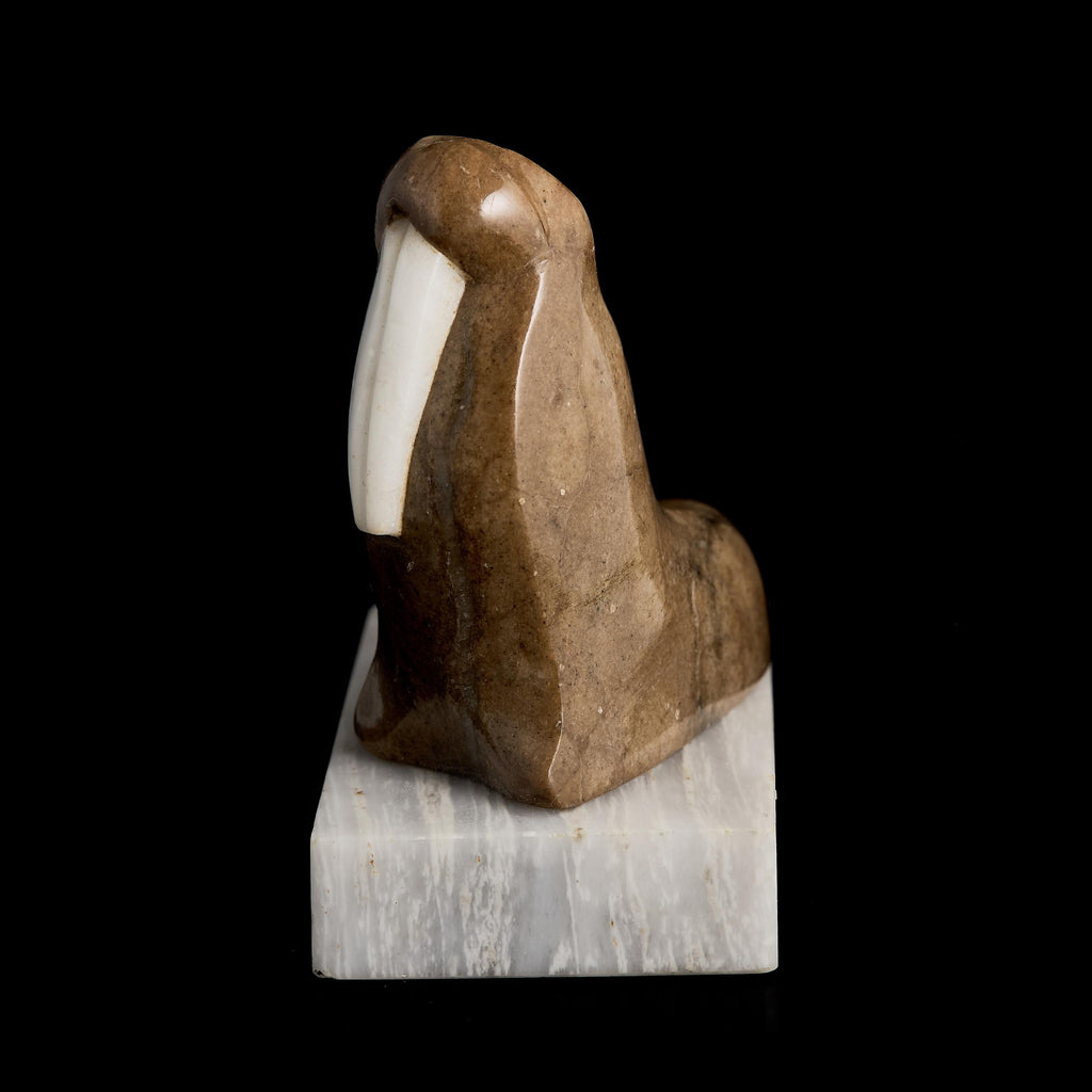 Vintage Inuit Marble Walrus Figurine on Ice Floe Base | Yup'ik Stone Sculpture, Early-Mid 20th C.